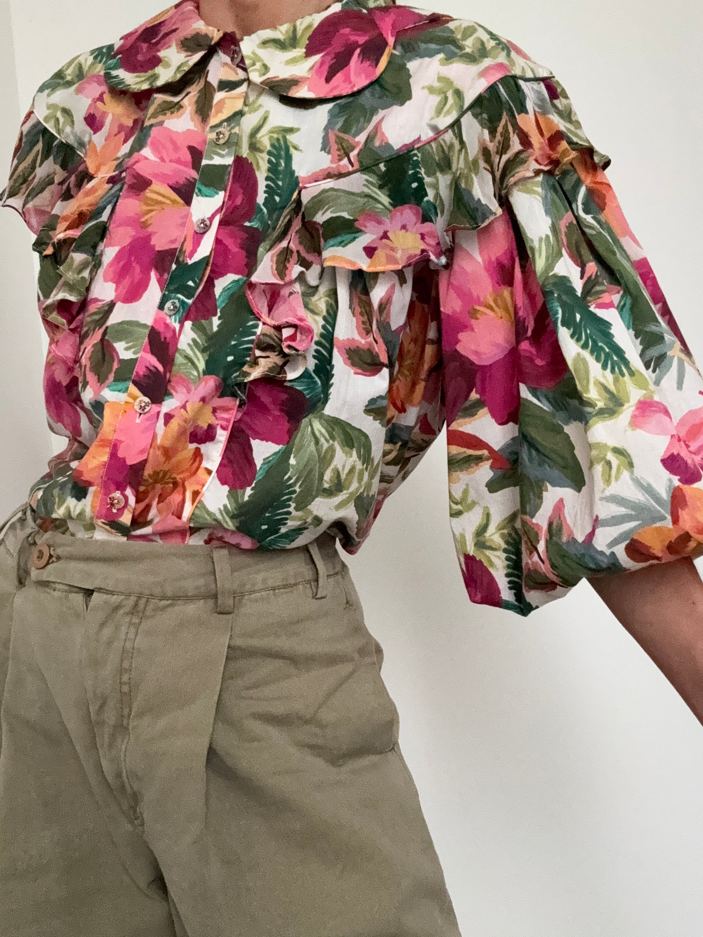Painted Flowers Ruffle Puff Sleeve Shirt | Shirts