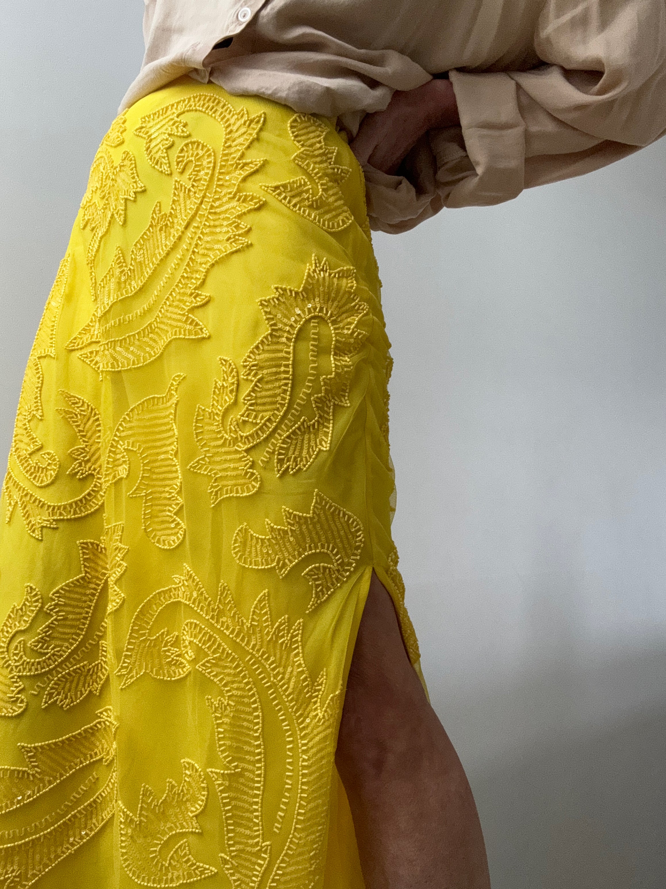 Beaded Mesh Midi Skirt Lemon Daffodil