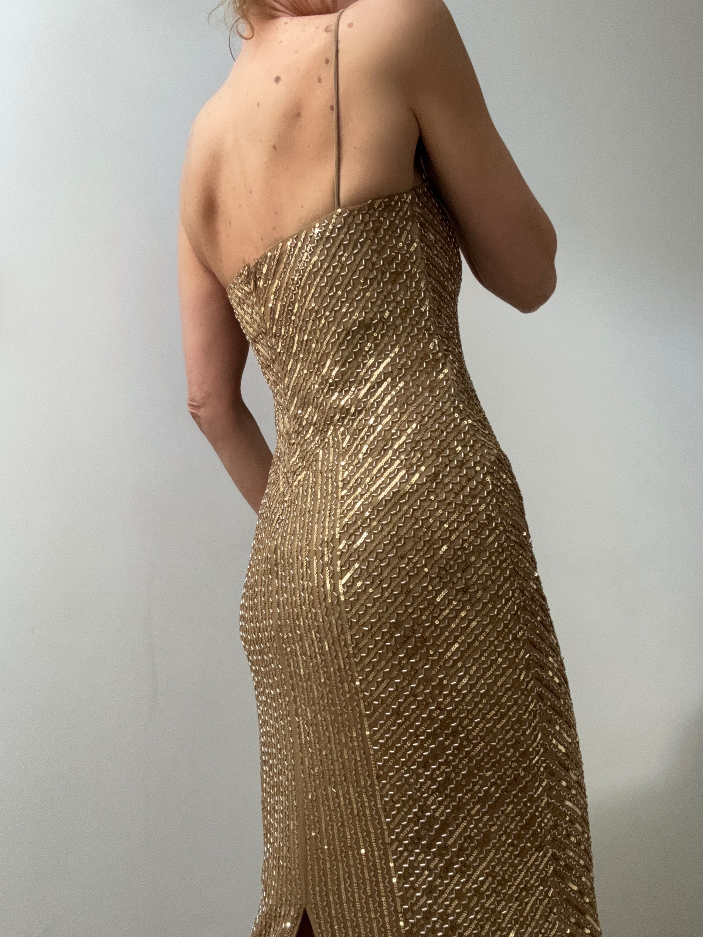 Geo-Motif Sequined Gown Burnished Tan/Gold