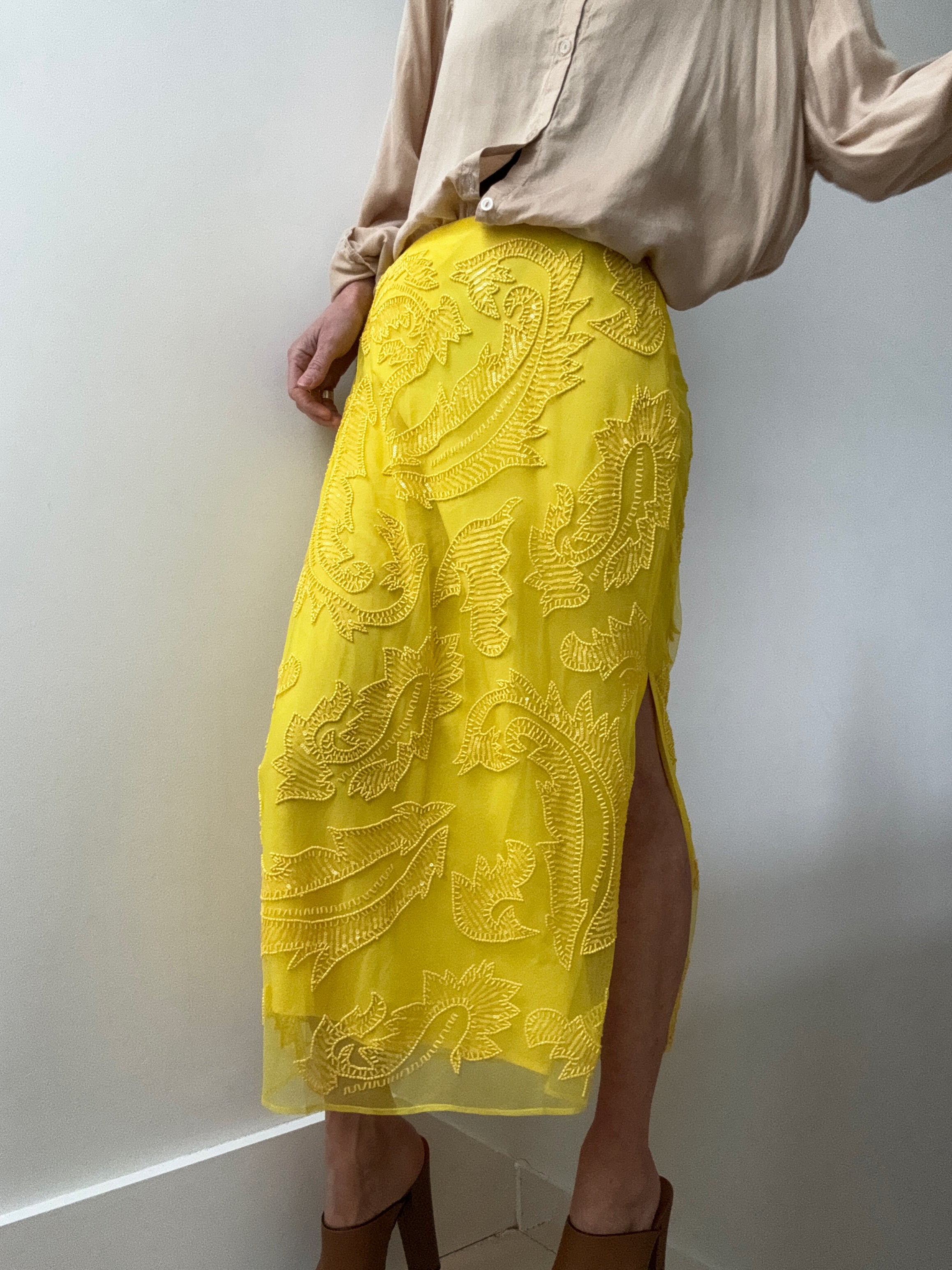 Beaded Mesh Midi Skirt Lemon Daffodil