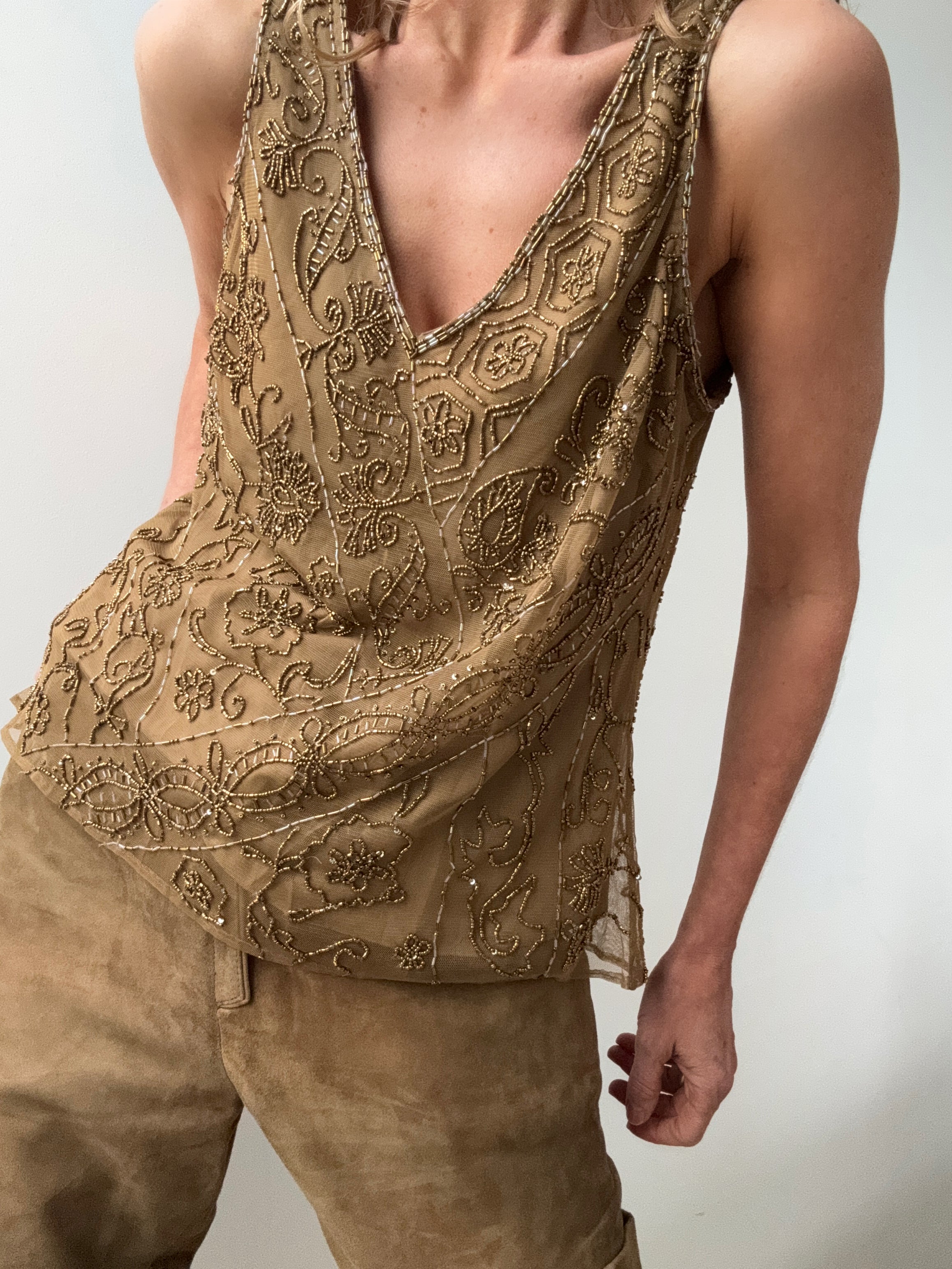 Beaded Mesh Sleeveless  Top Gold