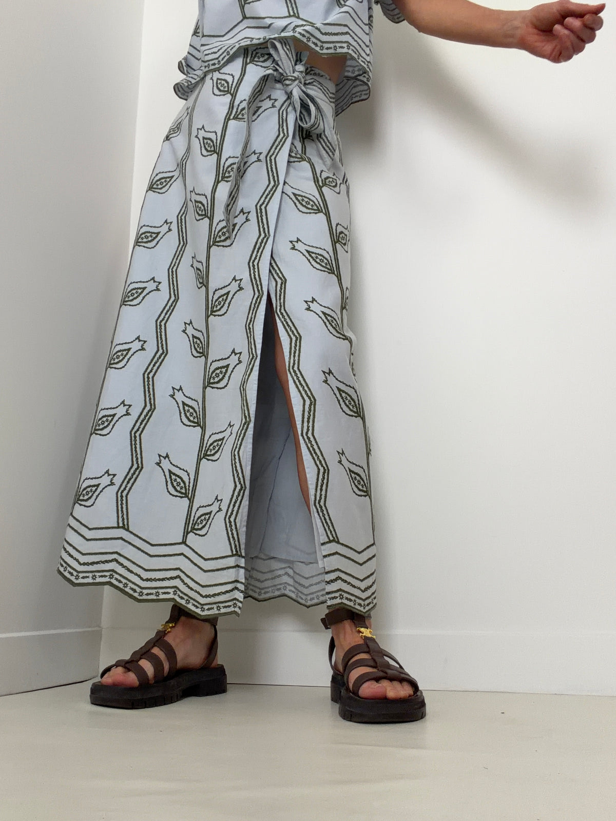 Sky Blue Paisley Leaf Wrap Skirt