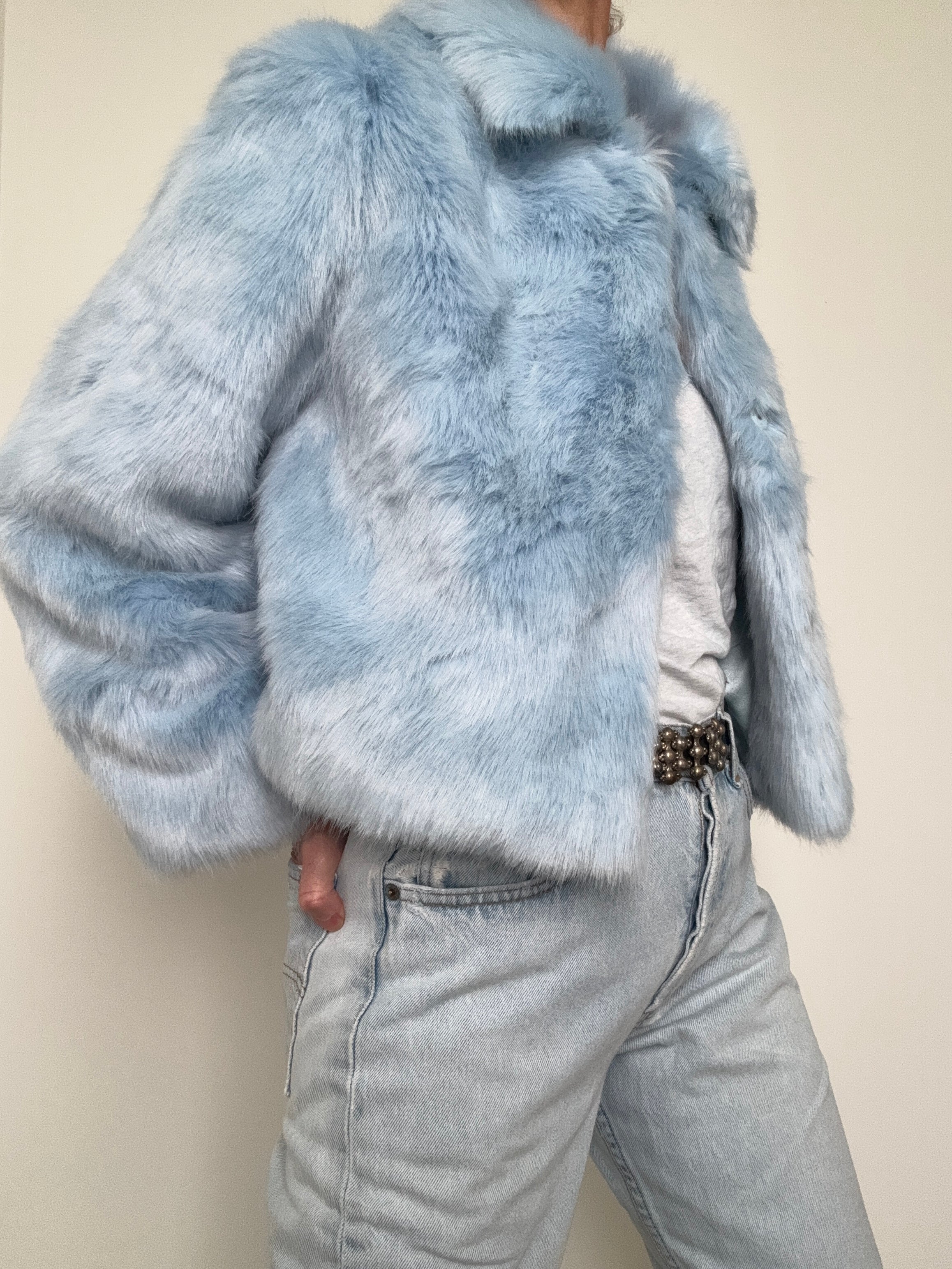 Cropped Sky Blue Rabbit Fur