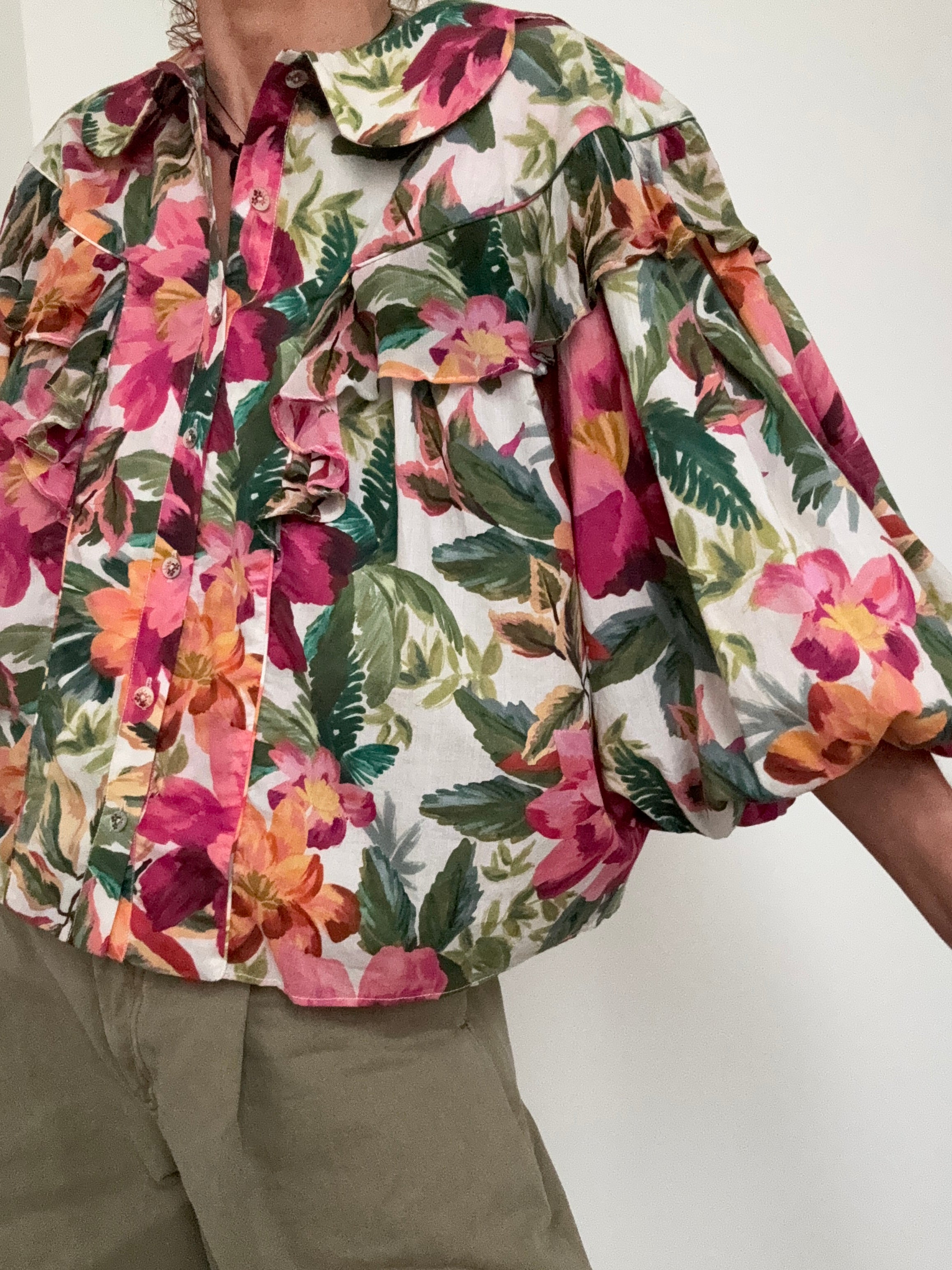 Painted Flowers Ruffle Puff Sleeve Shirt | Shirts