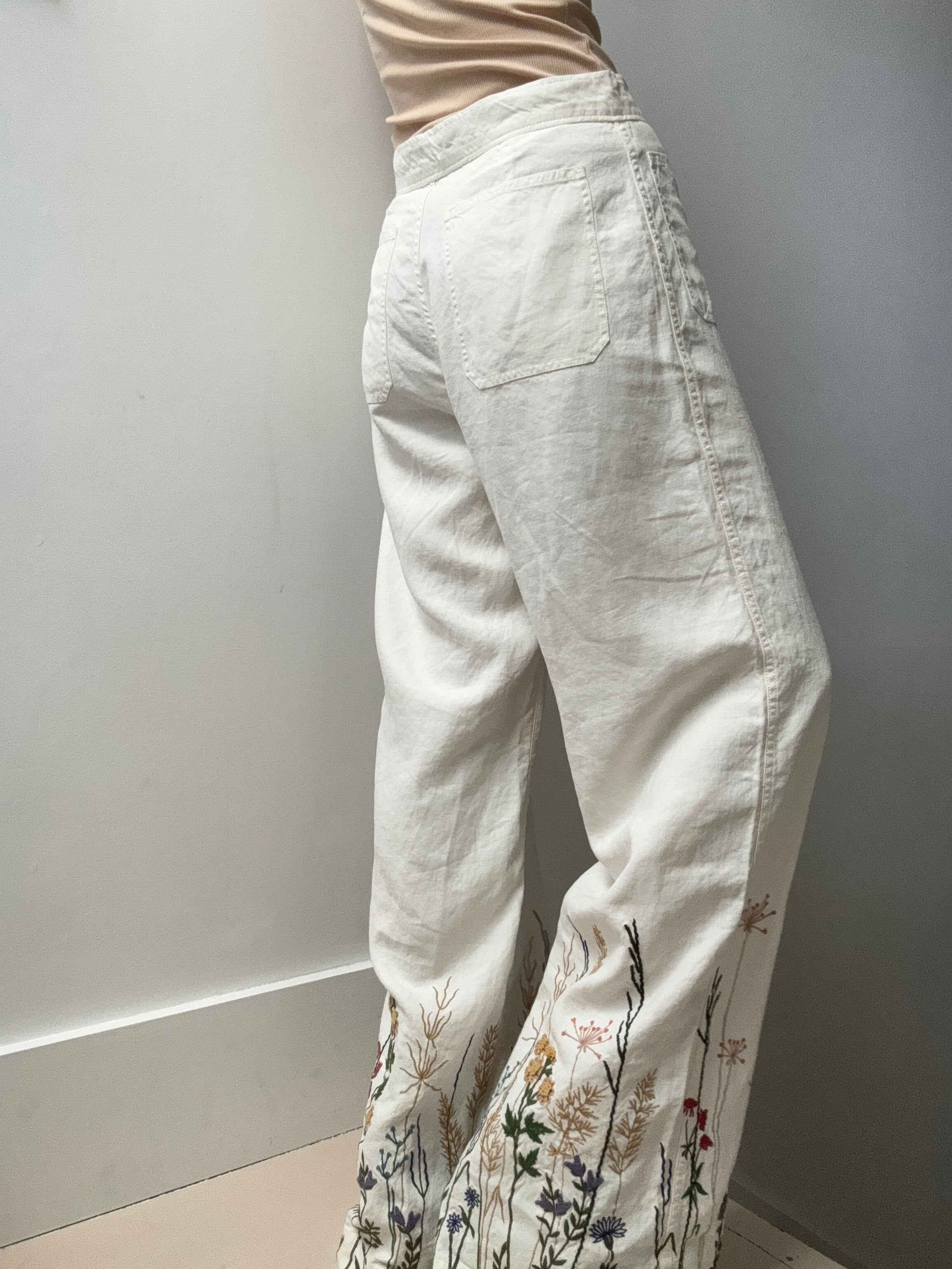 Embroidered Hemp Wide Leg Pant | Pants