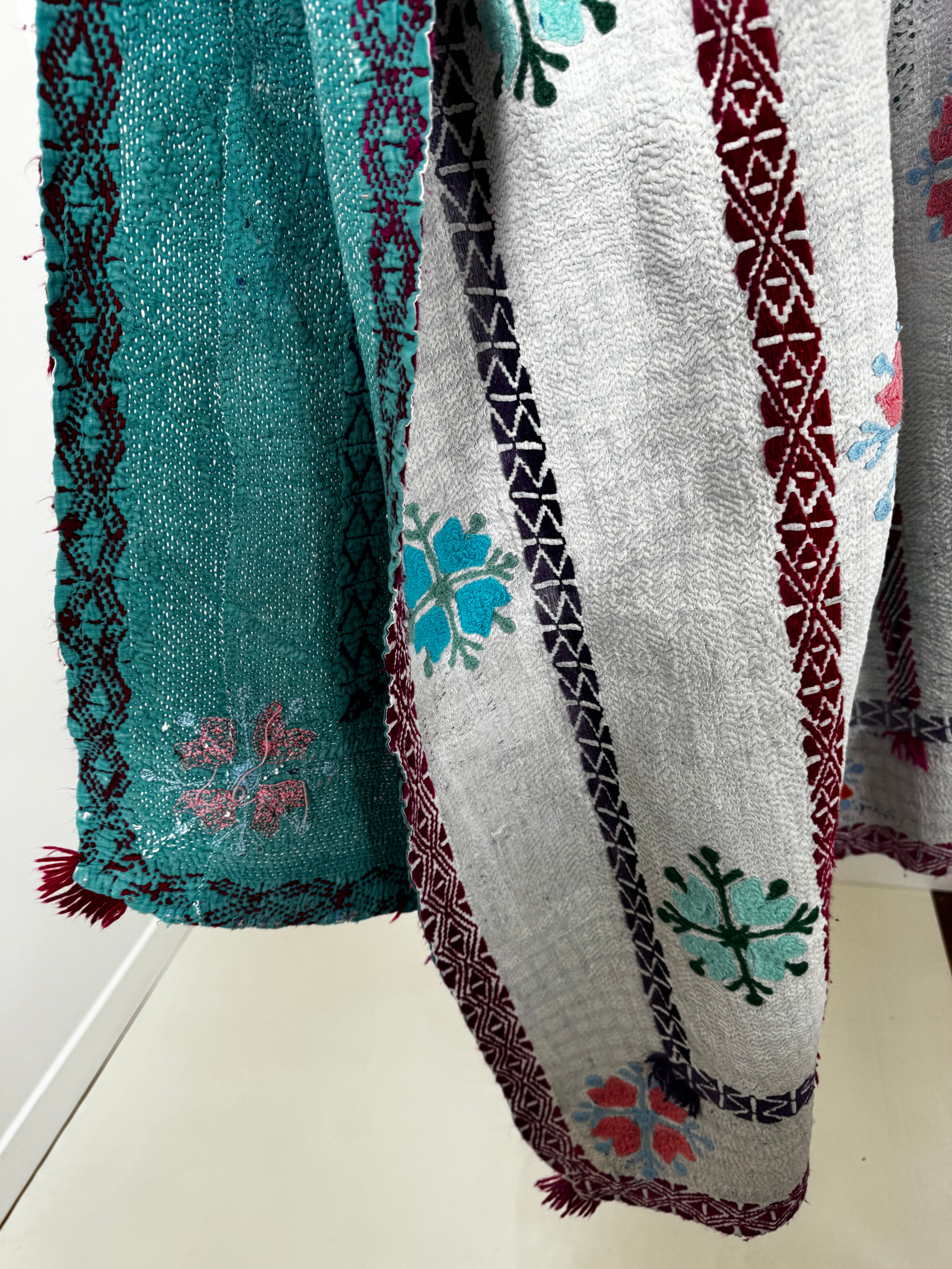 Kantha Quilt Green White Floral | Quilts