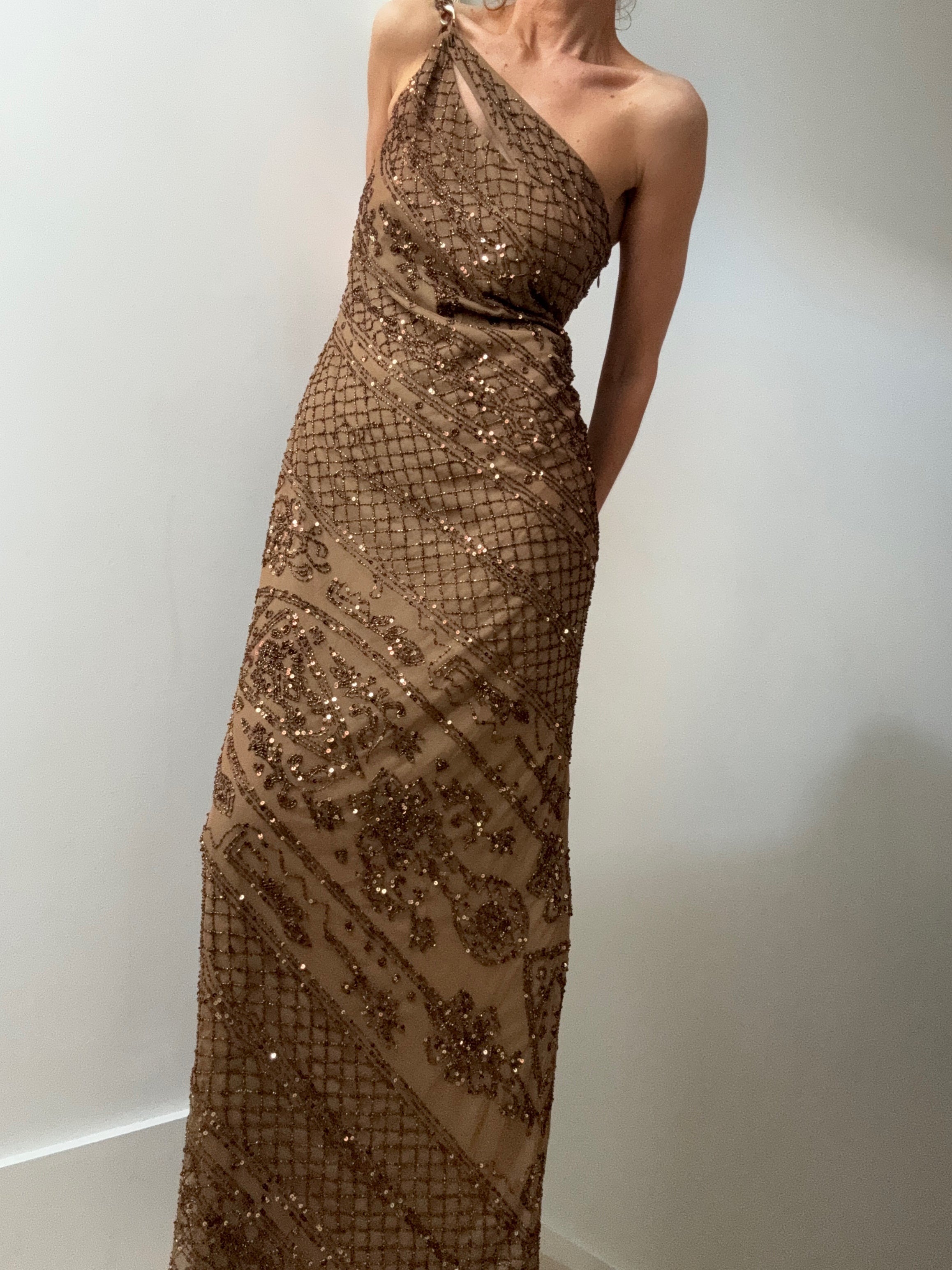 Chain Shoulder Bronze Sequin Gown