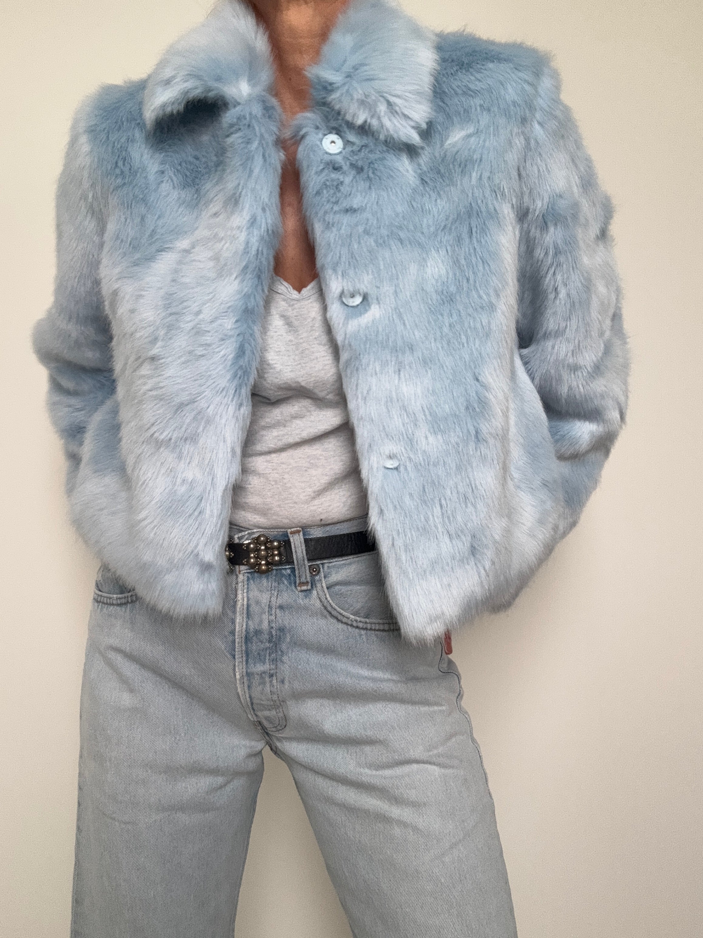 Cropped Sky Blue Rabbit Fur