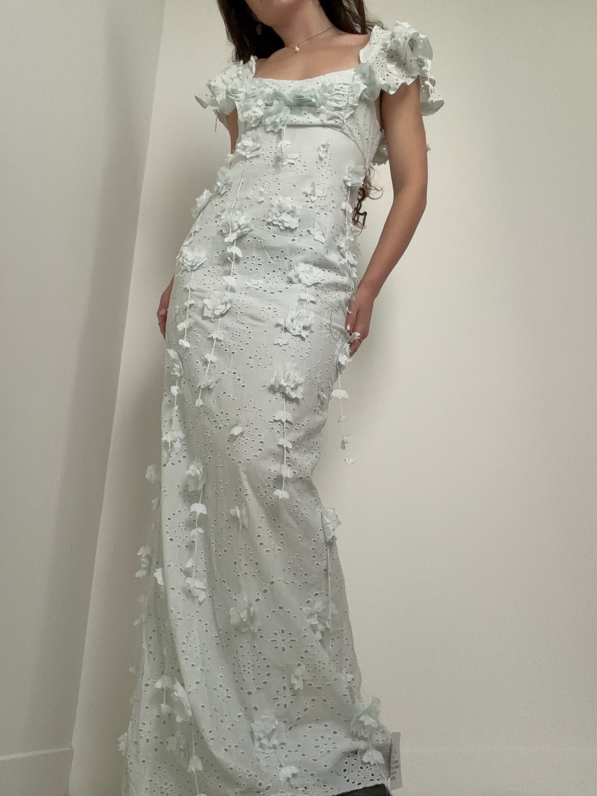 3D Broderie Anglaise Dress Seafoam