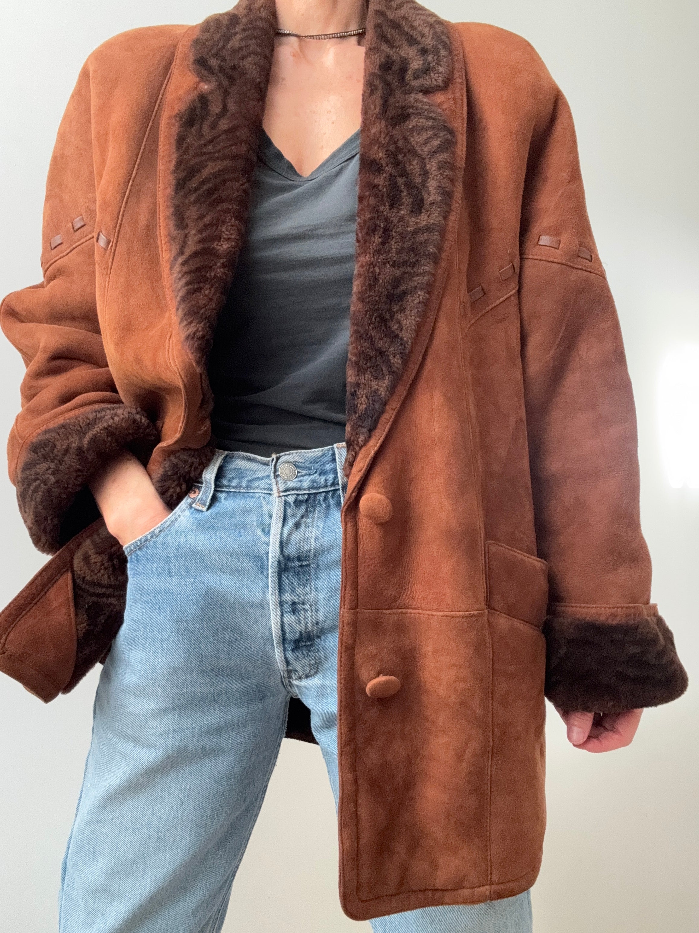 Overstitched Shearling Coat
