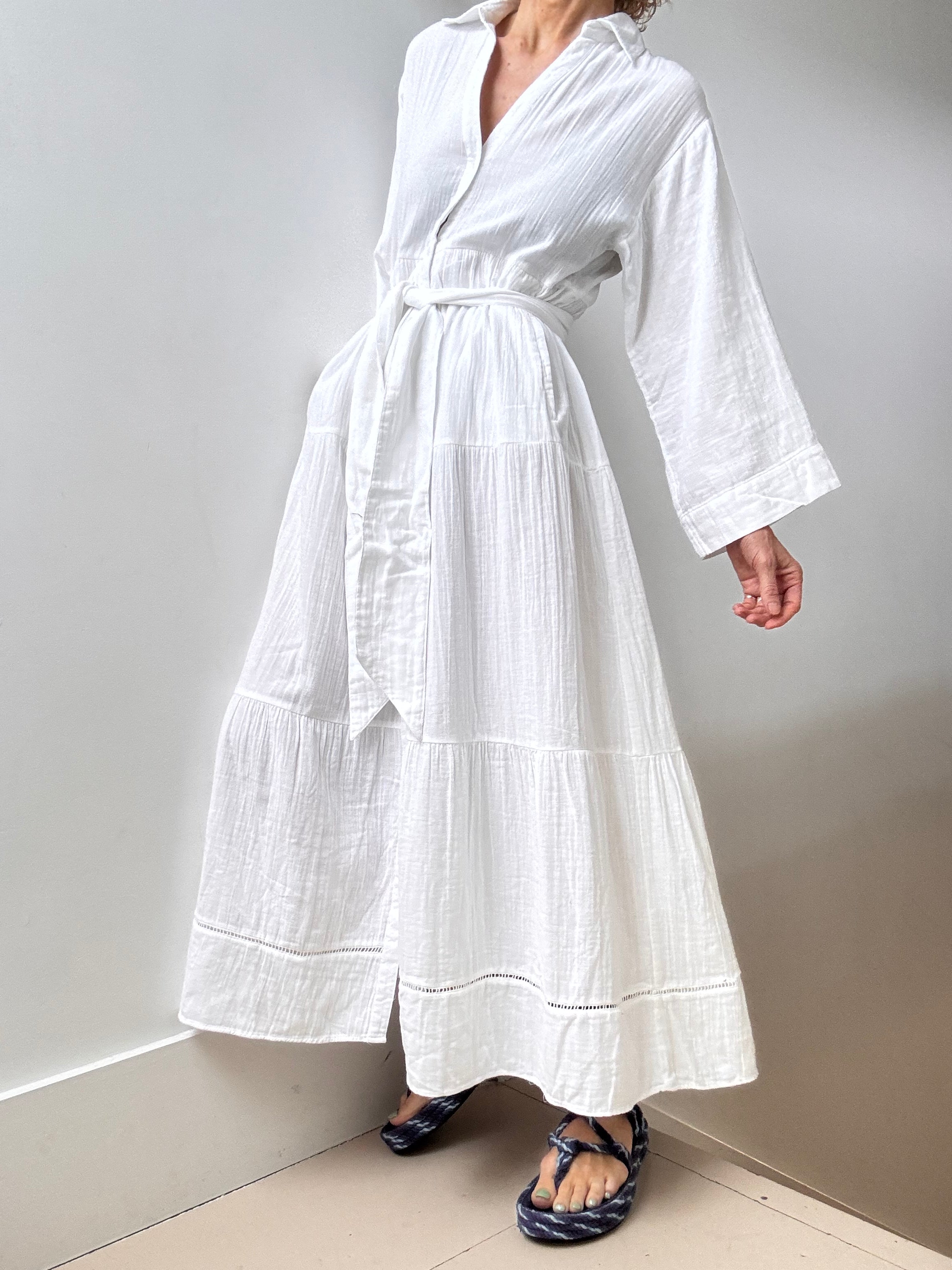 Cheesecloth Button Front Maxi Shirtdress