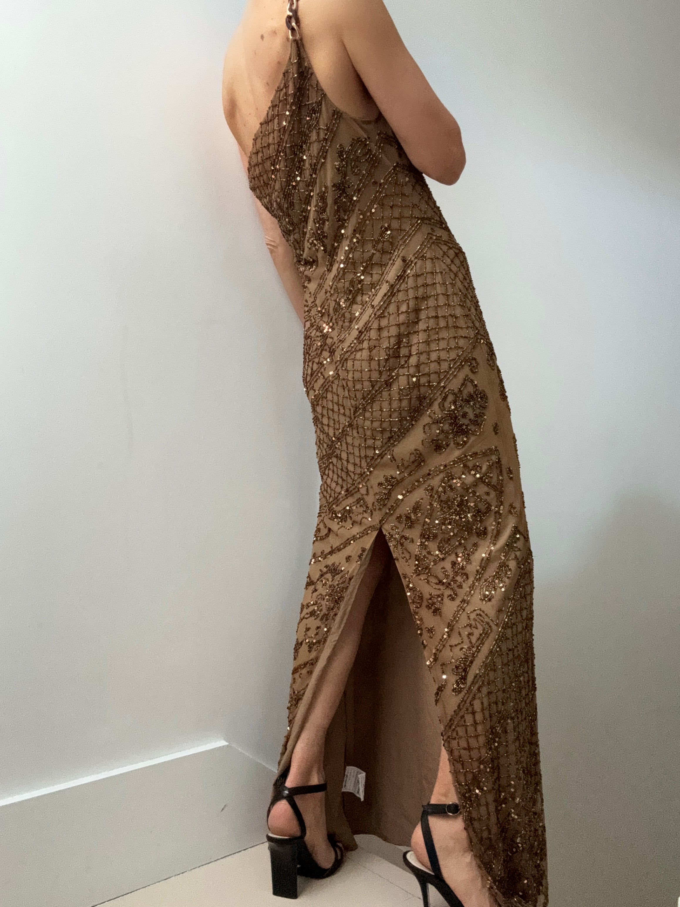 Chain Shoulder Bronze Sequin Gown