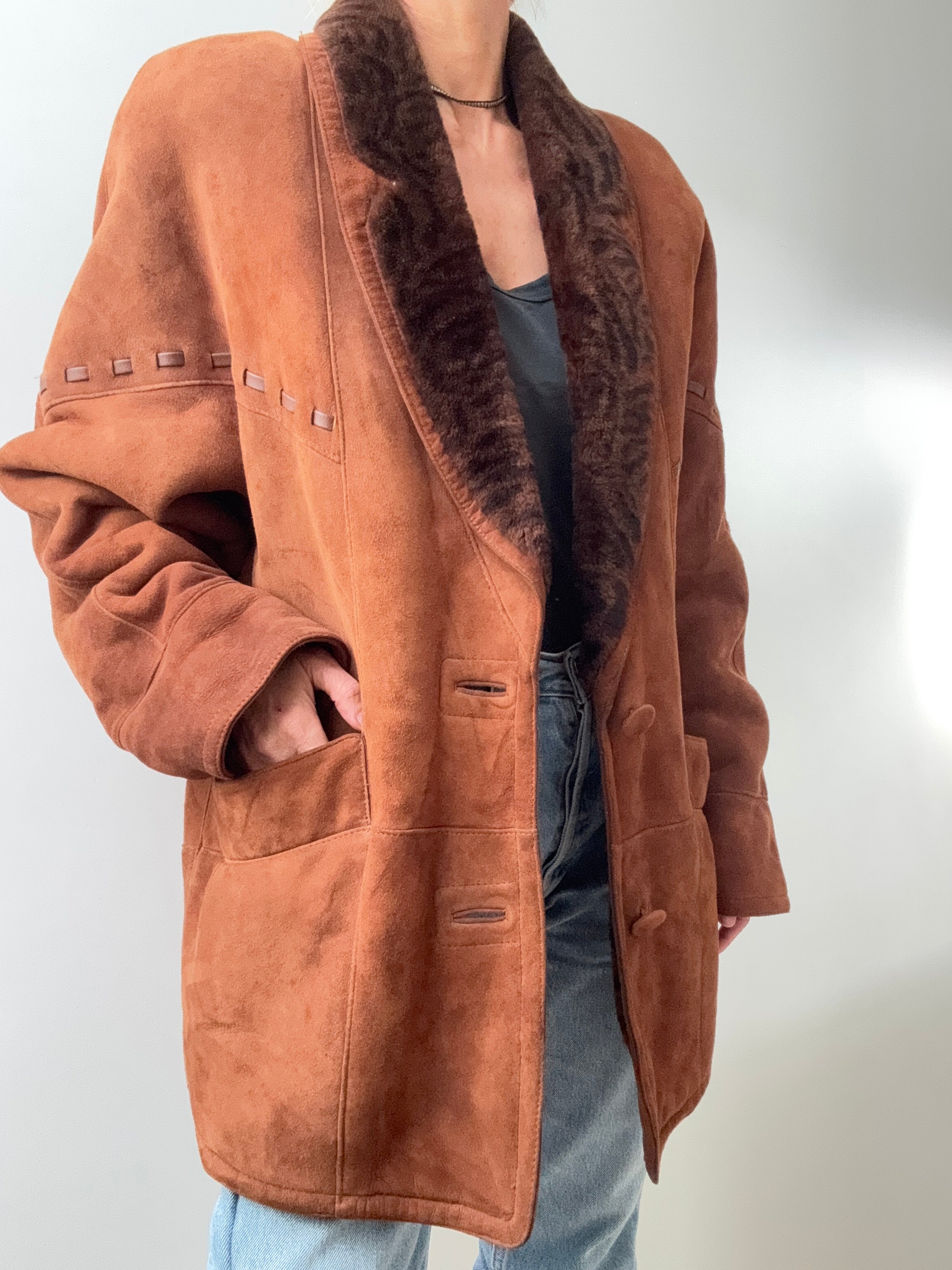 Overstitched Shearling Coat