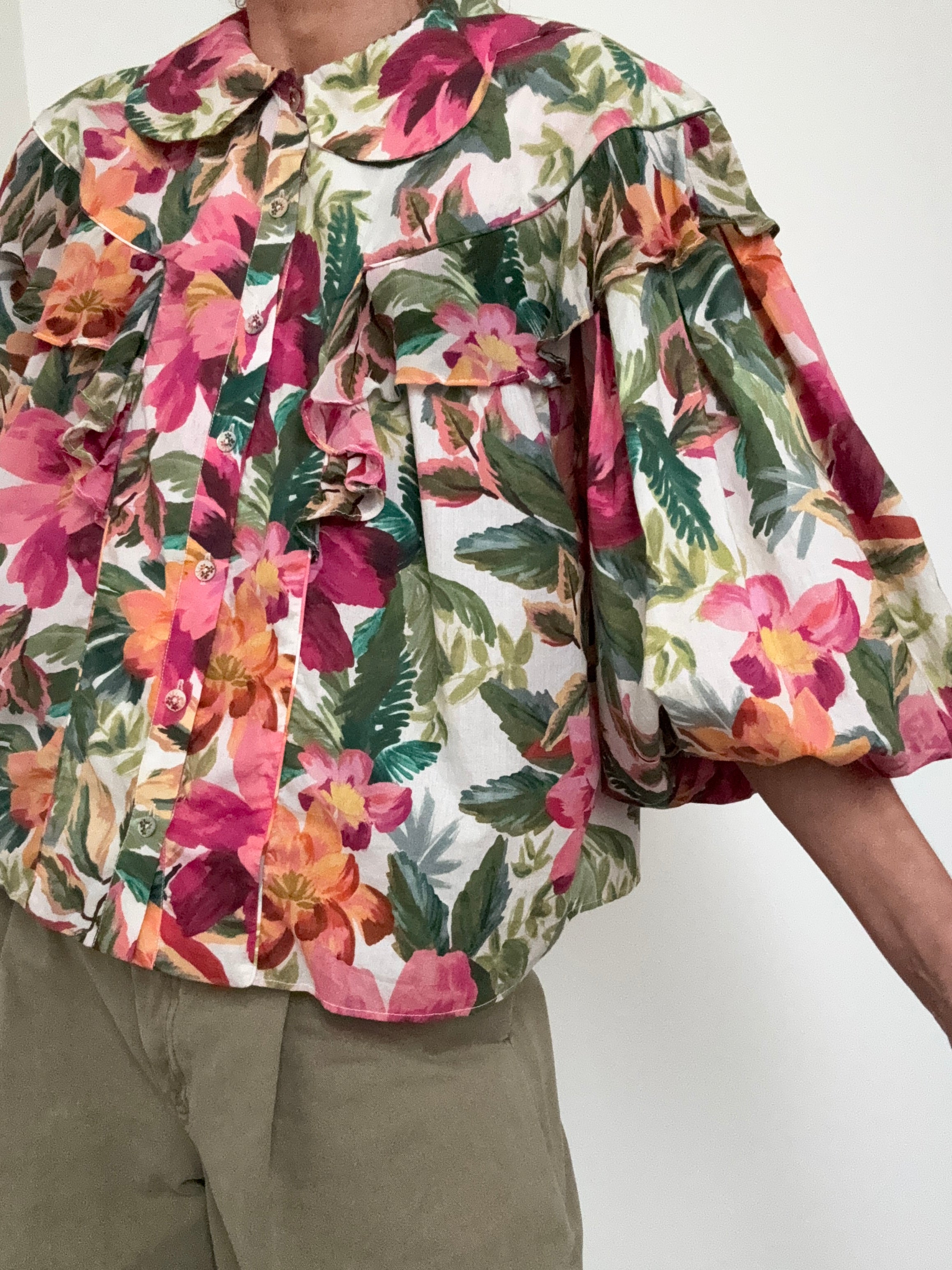 Painted Flowers Ruffle Puff Sleeve Shirt | Shirts