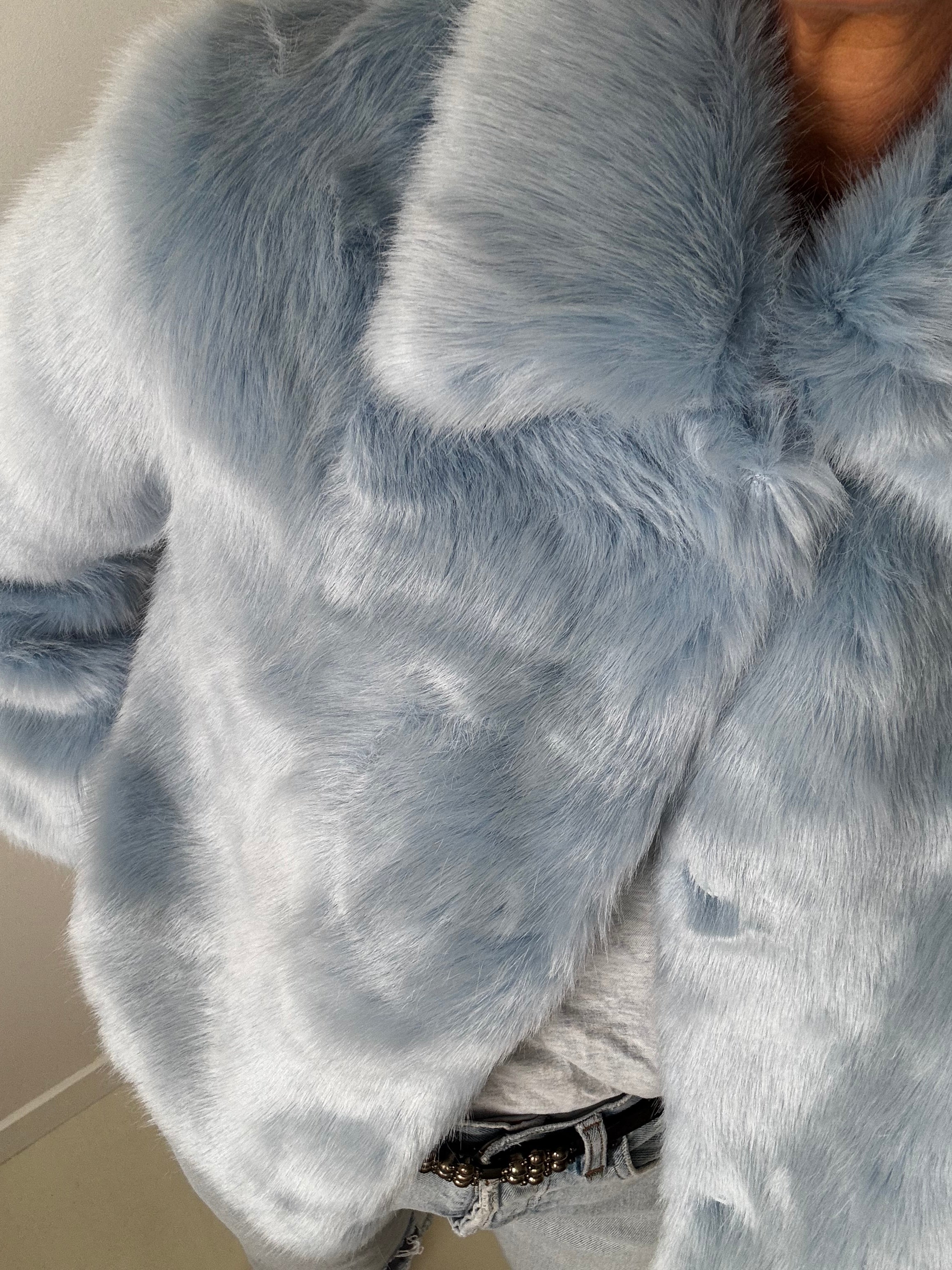 Cropped Sky Blue Rabbit Fur