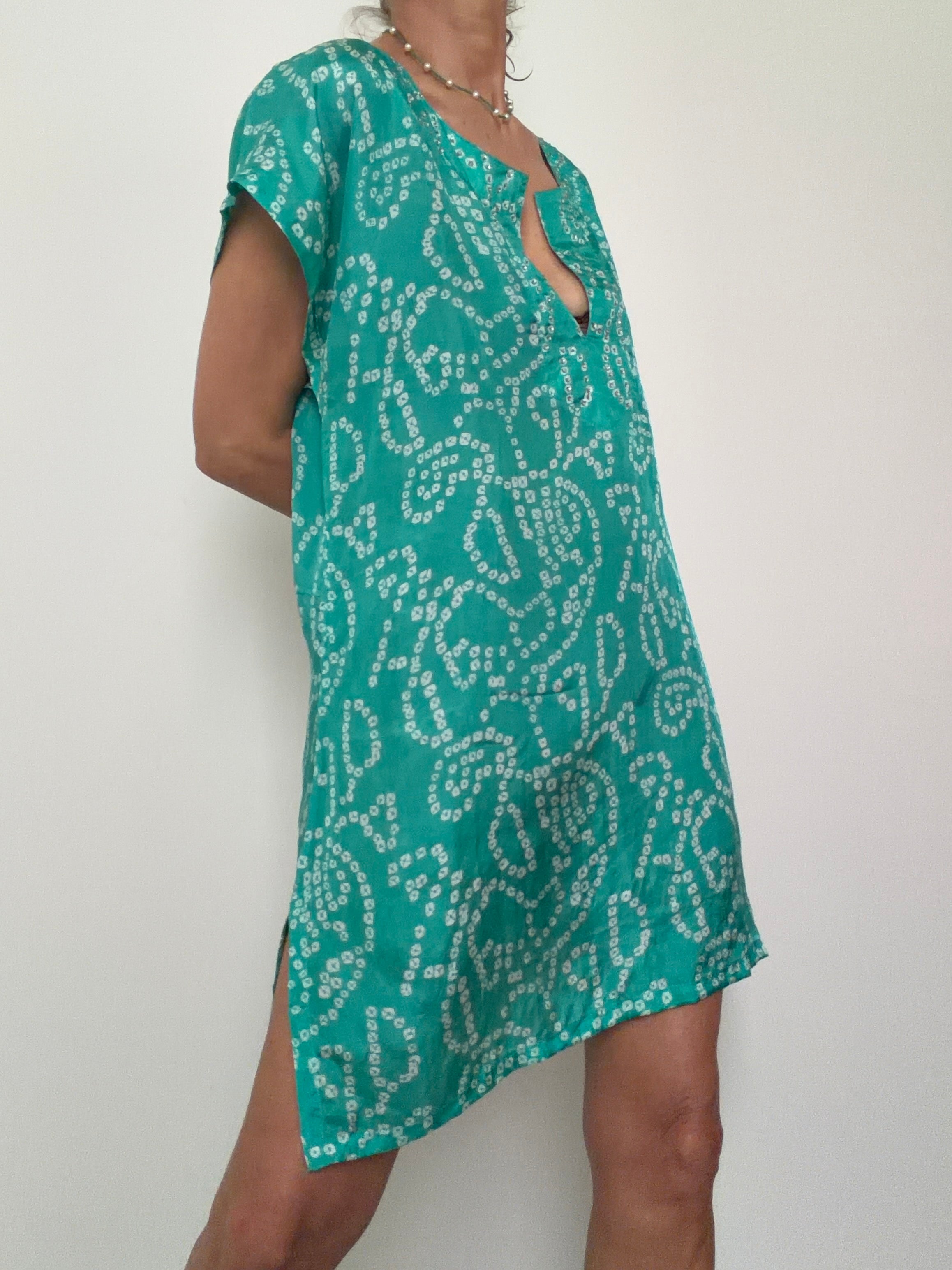 Bandhani Silk Kaftan Emerald