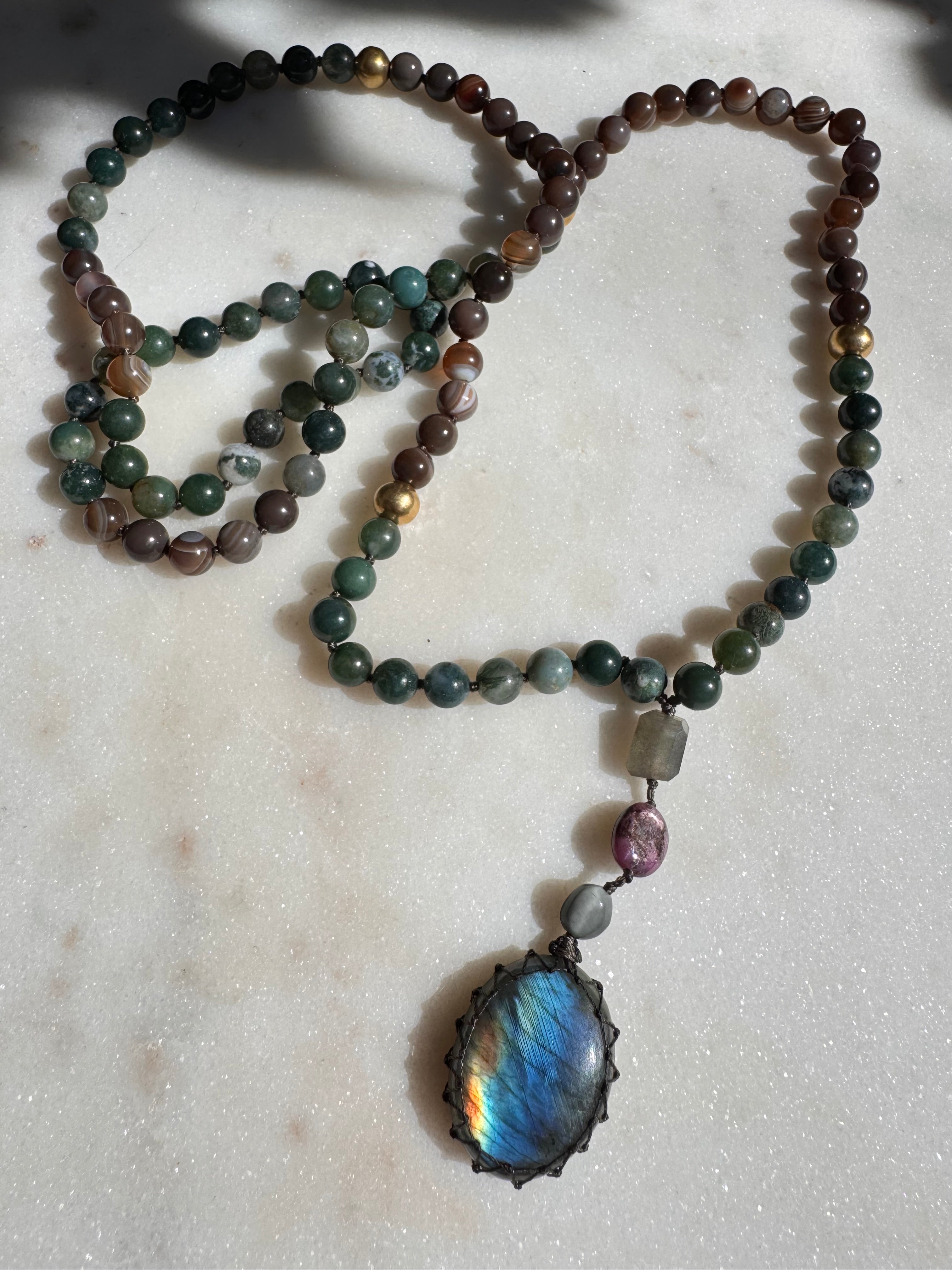 Labradorite And Agate Mala Beads