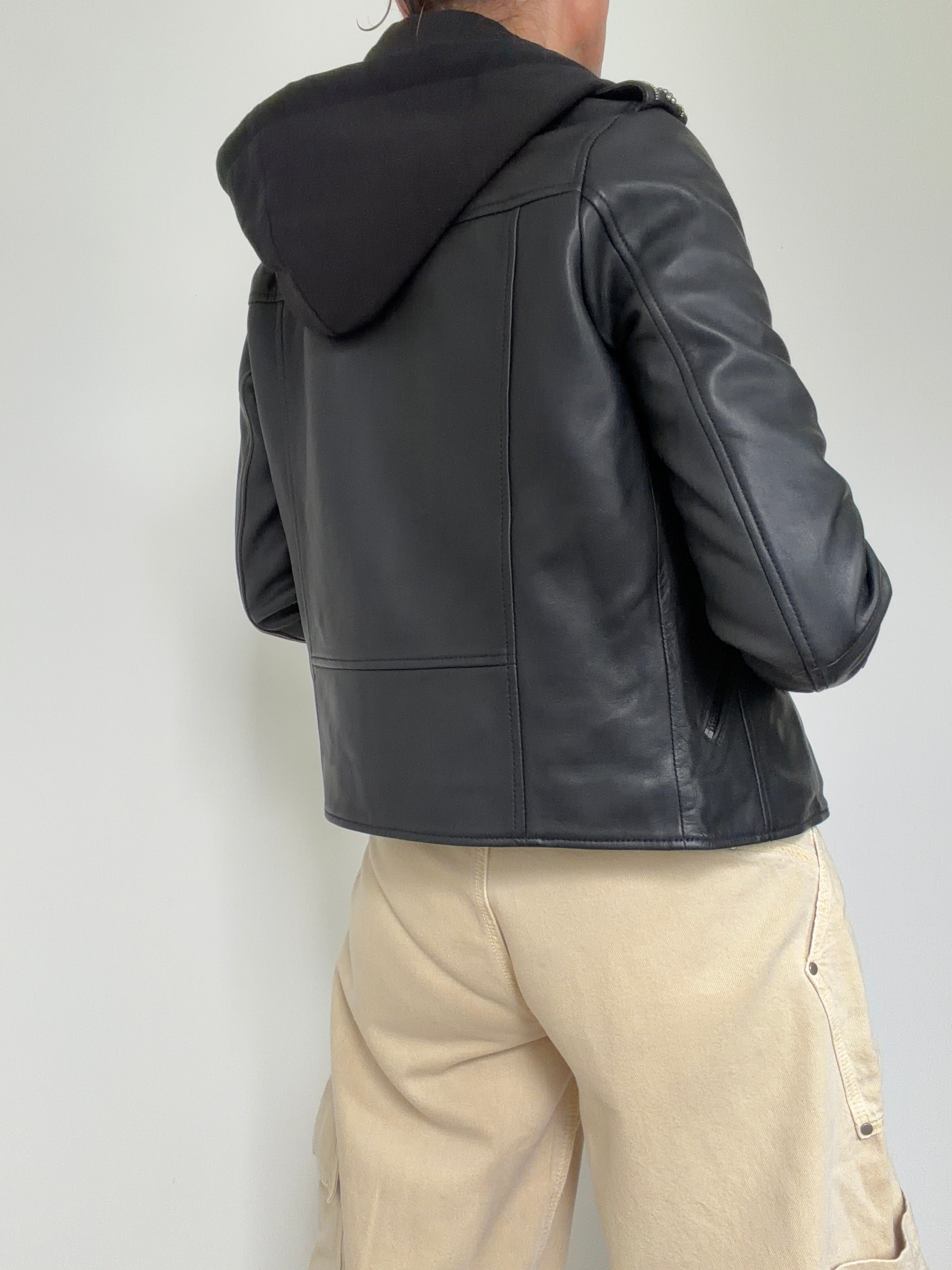 High Neck Lined Notched Collar Leather Jacket