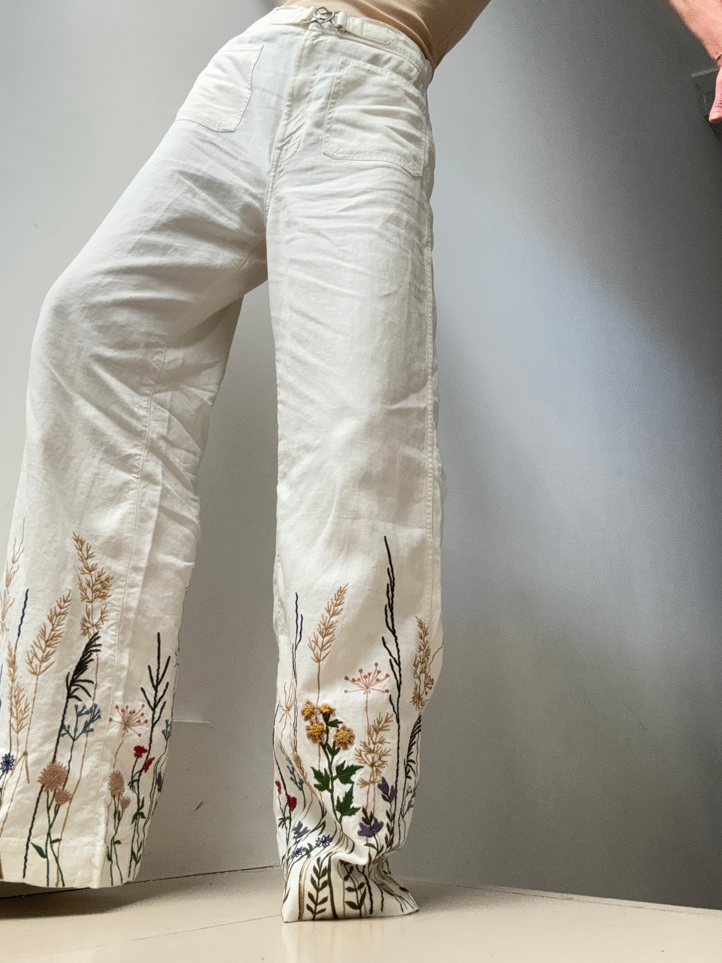 Embroidered Hemp Wide Leg Pant | Pants