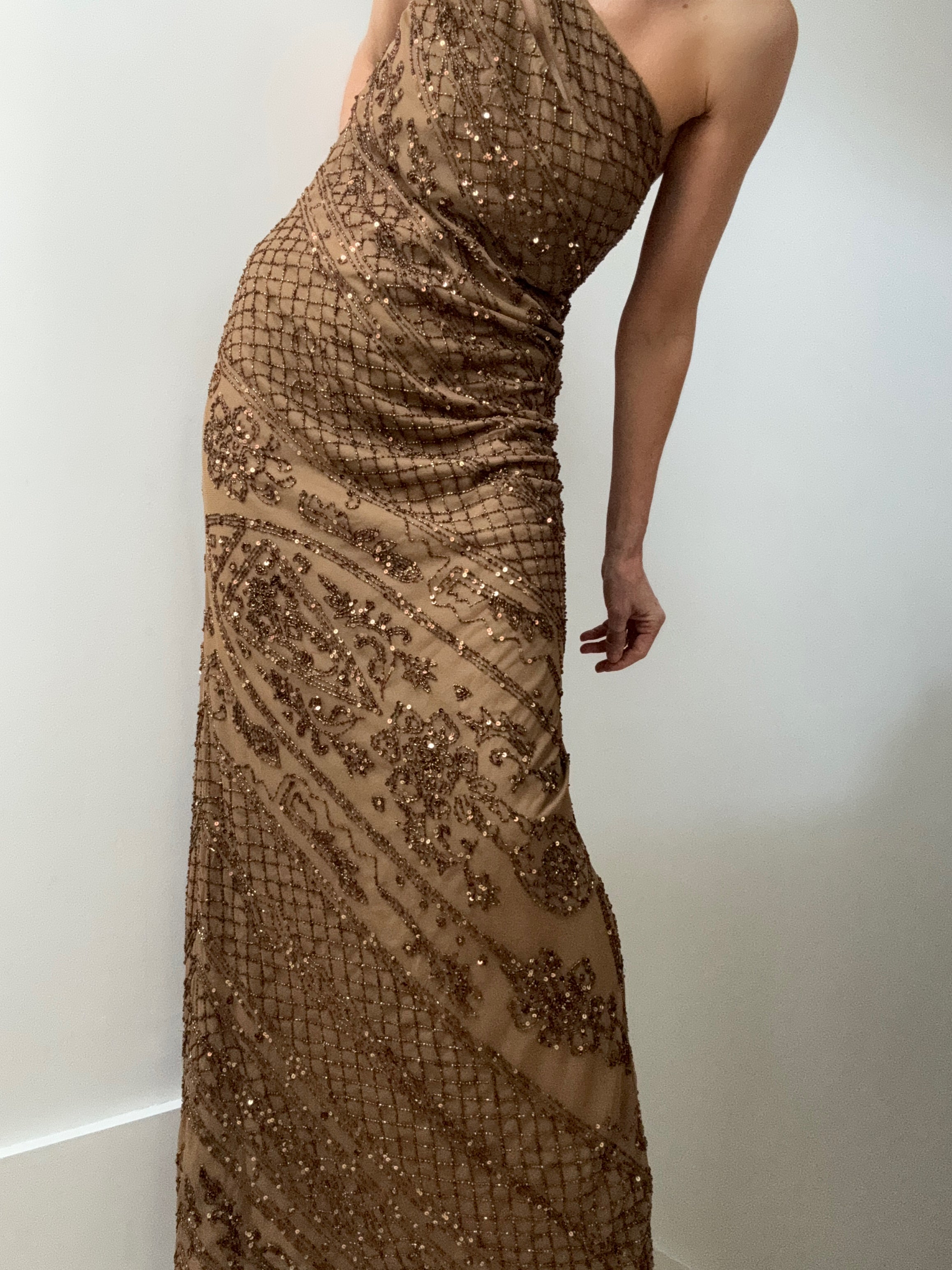 Chain Shoulder Bronze Sequin Gown