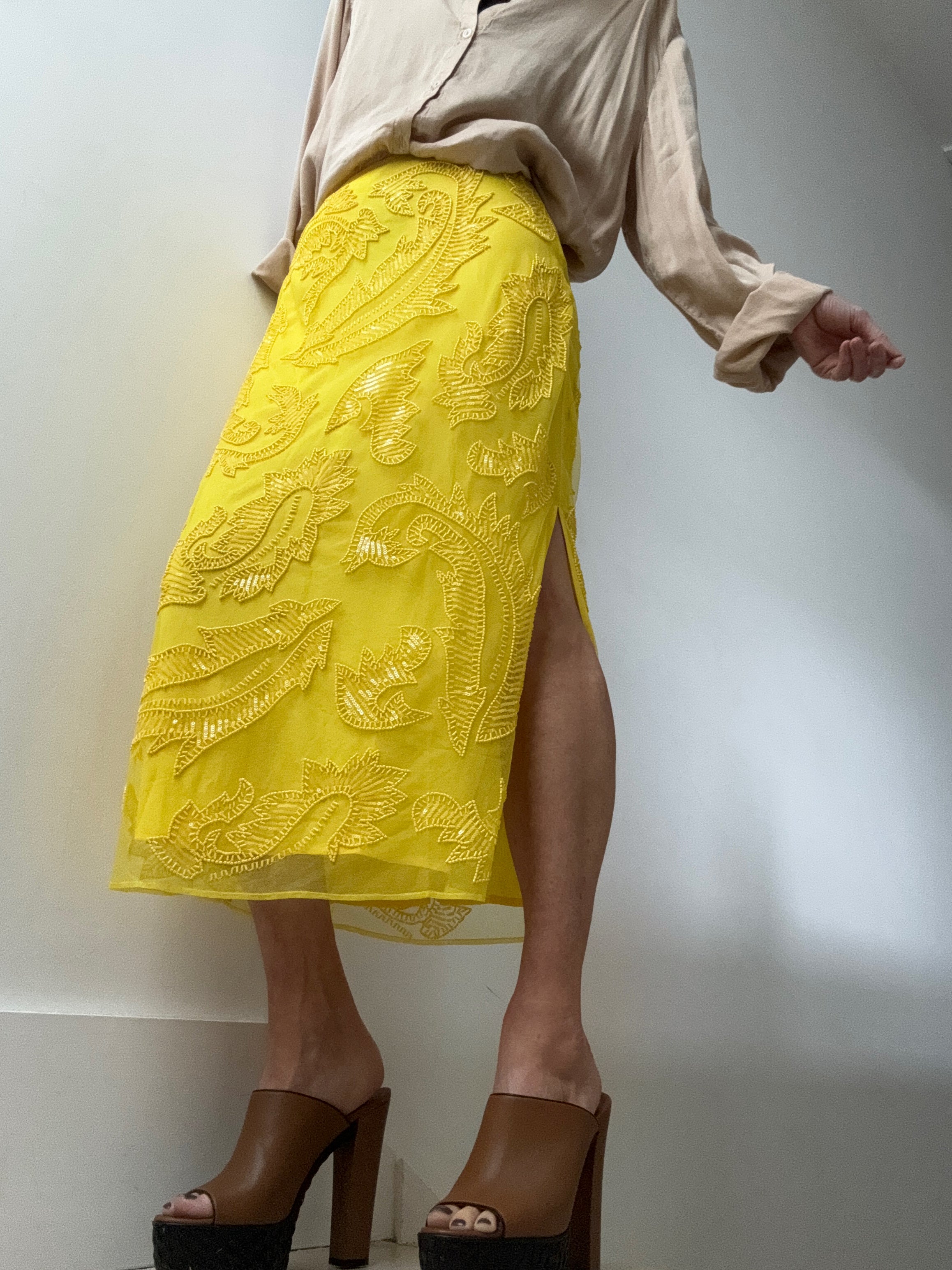 Beaded Mesh Midi Skirt Lemon Daffodil