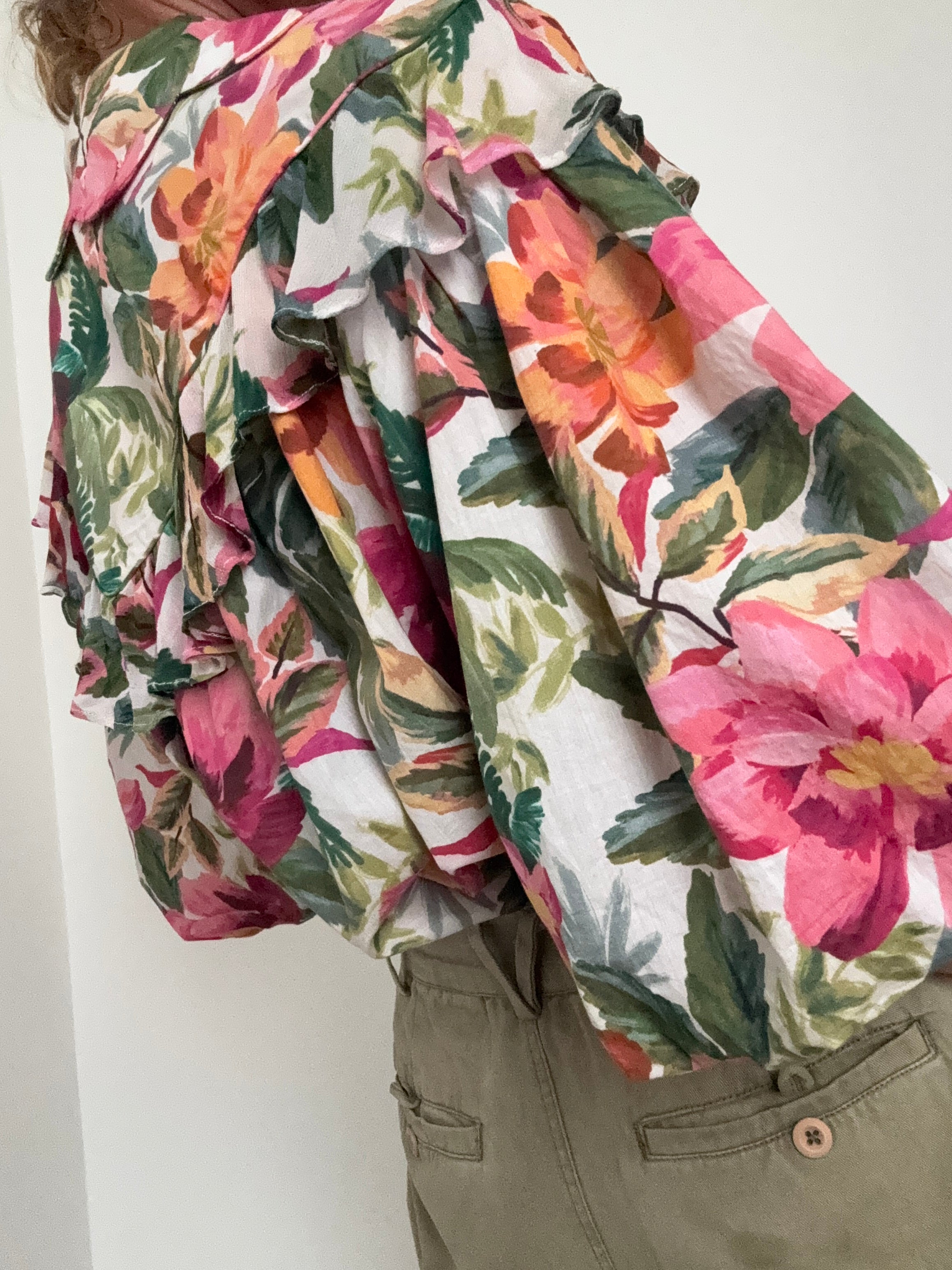 Painted Flowers Ruffle Puff Sleeve Shirt | Shirts