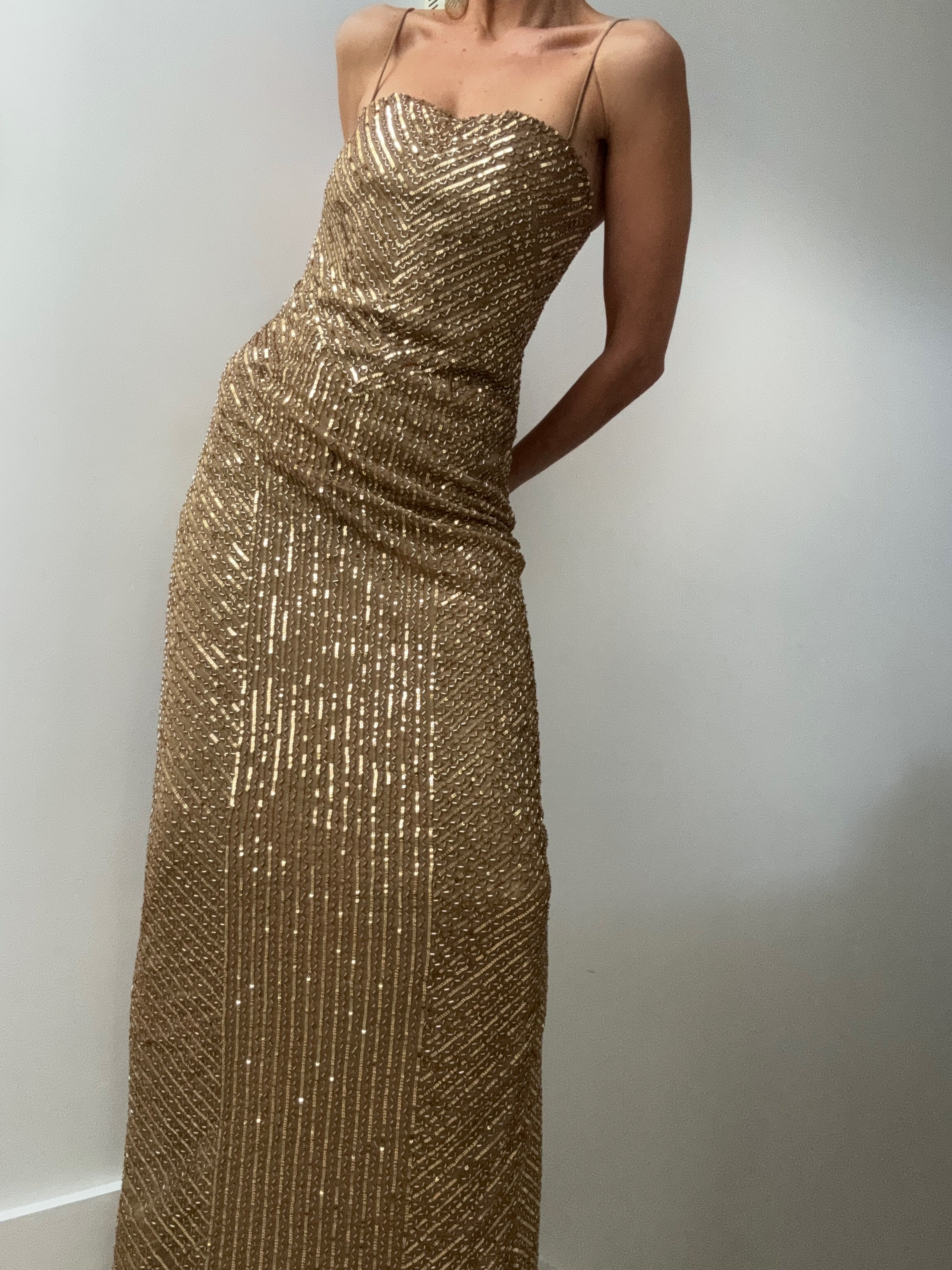 Geo-Motif Sequined Gown Burnished Tan/Gold