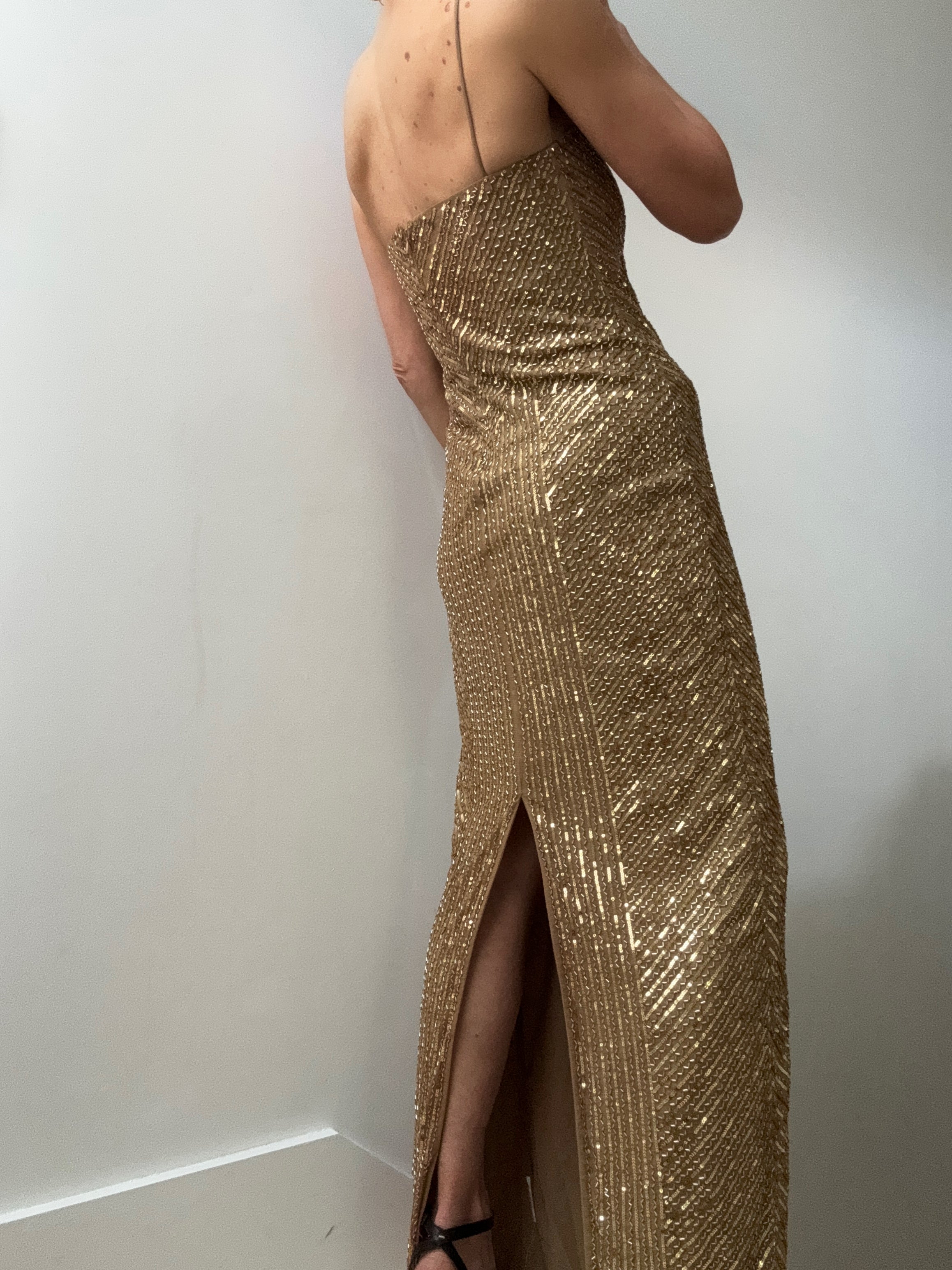 Geo-Motif Sequined Gown Burnished Tan/Gold