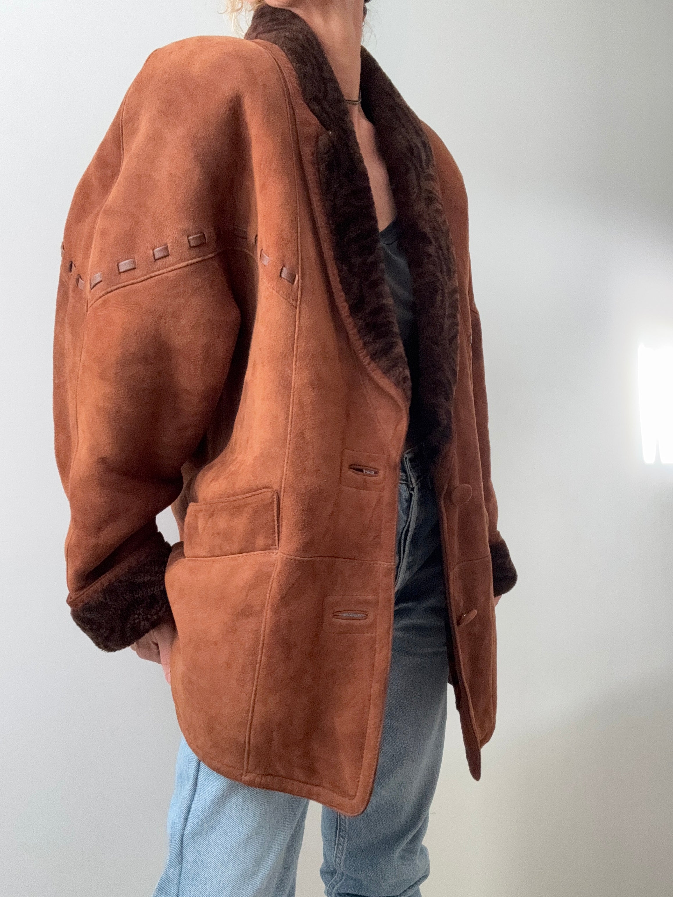 Overstitched Shearling Coat