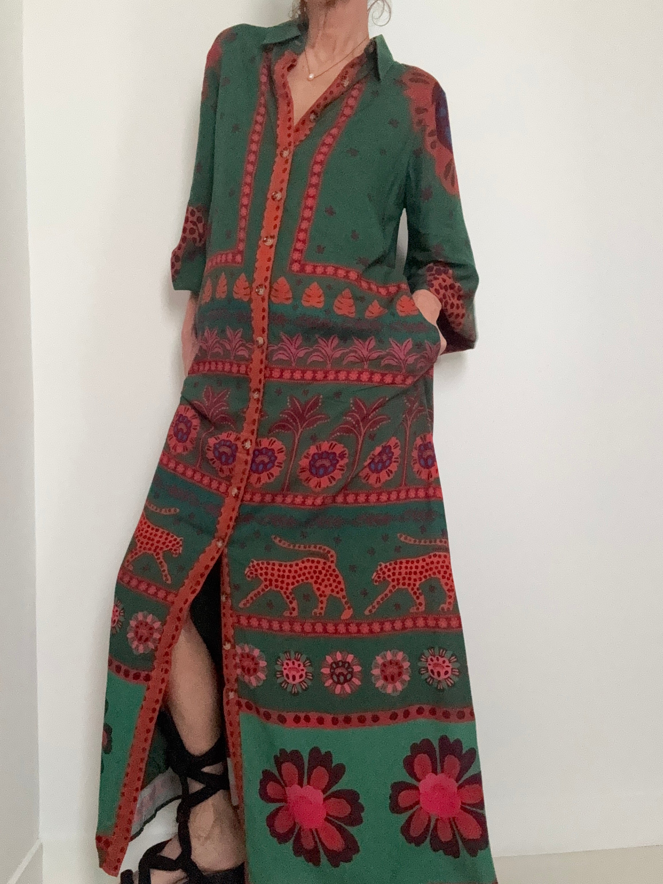 Farm Rio Long Sleeve Maxi Shirtdress Green