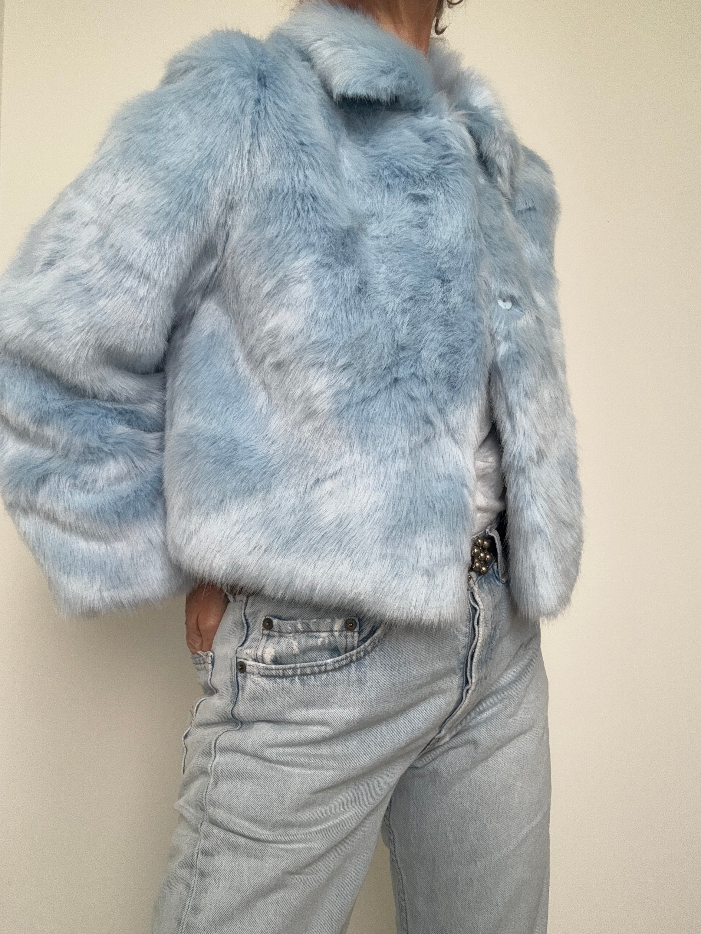 Cropped Sky Blue Rabbit Fur