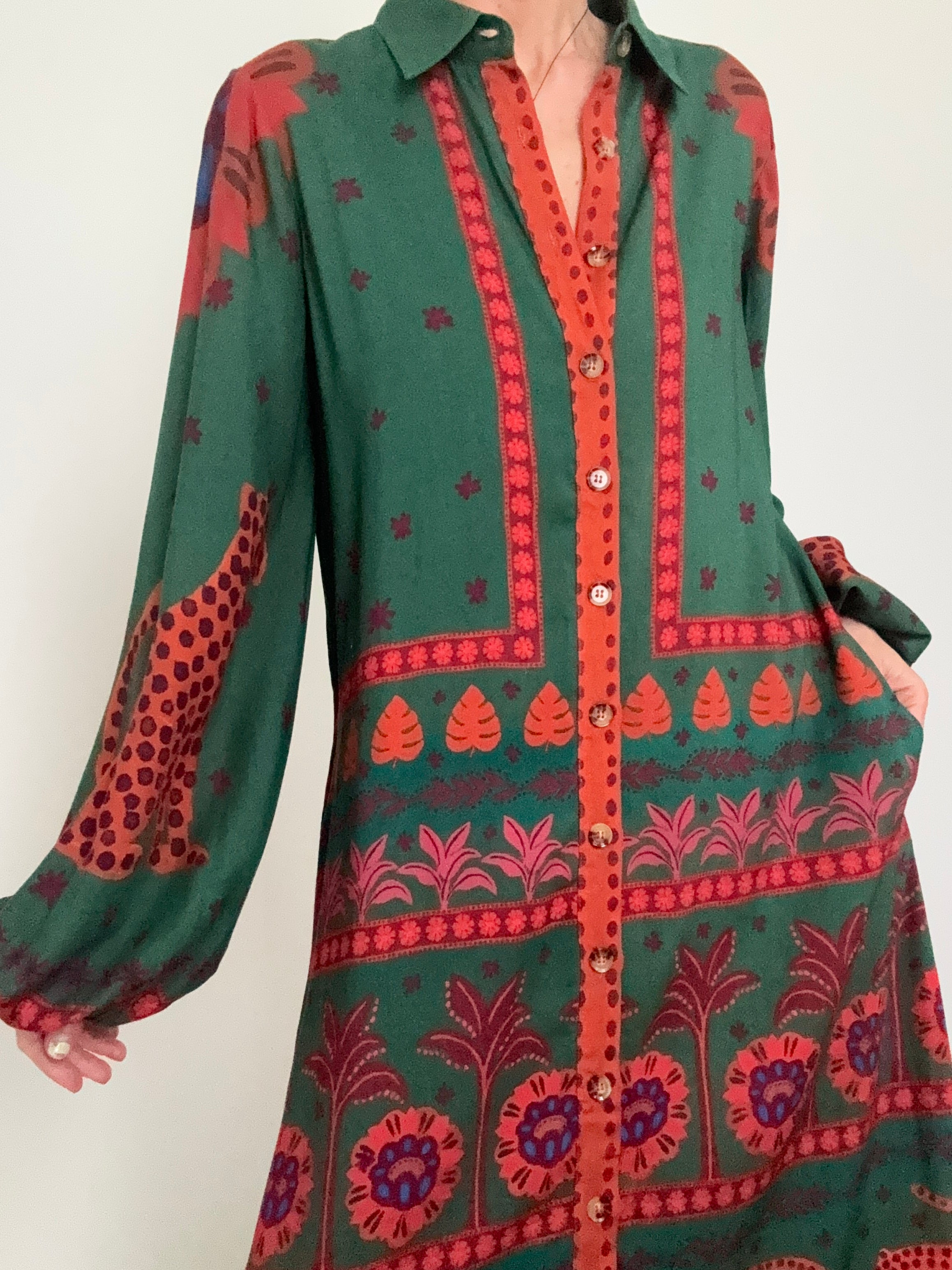 Farm Rio Long Sleeve Maxi Shirtdress Green