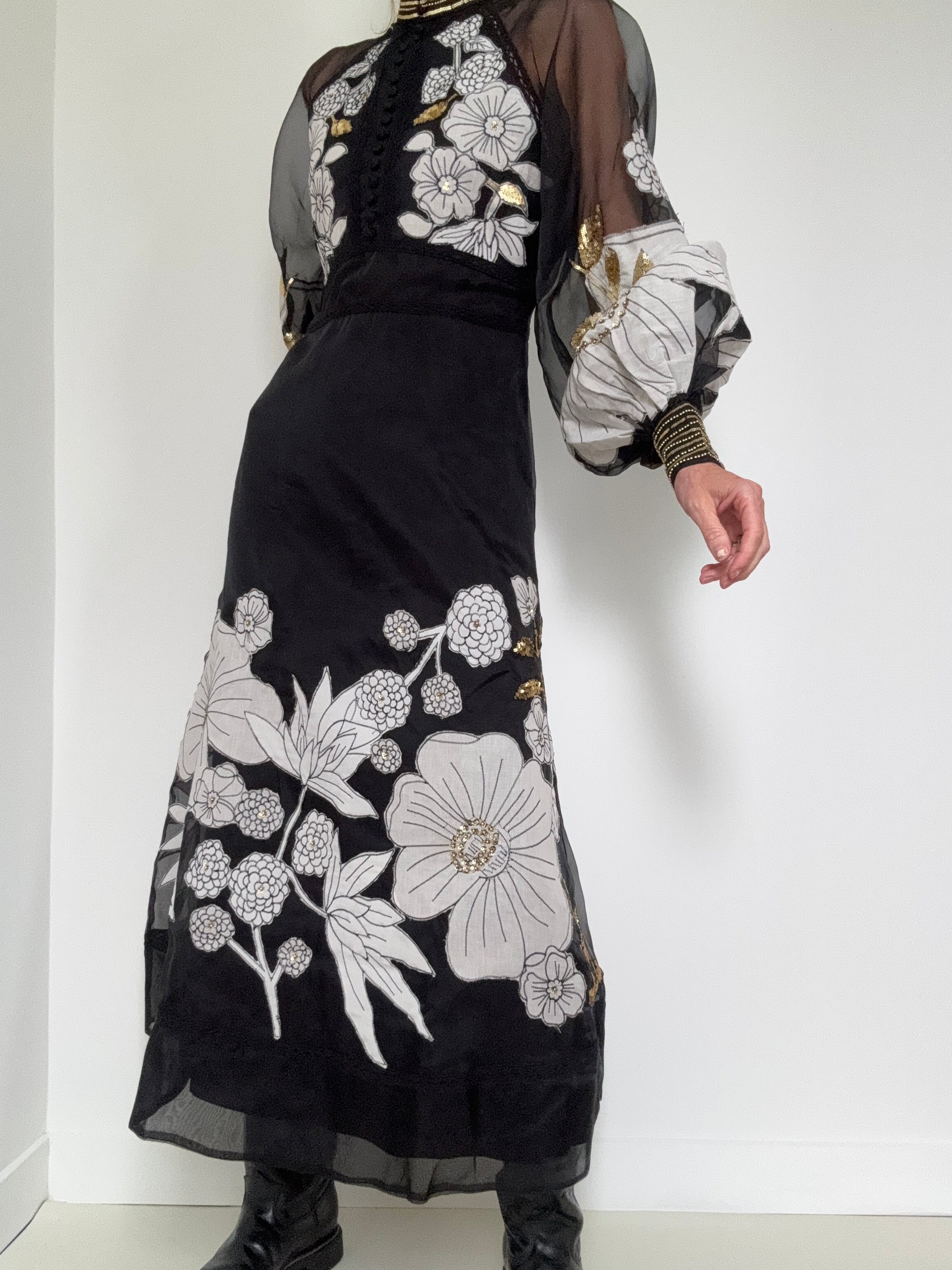 Organdie Applique Midi Dress Black | Dresses