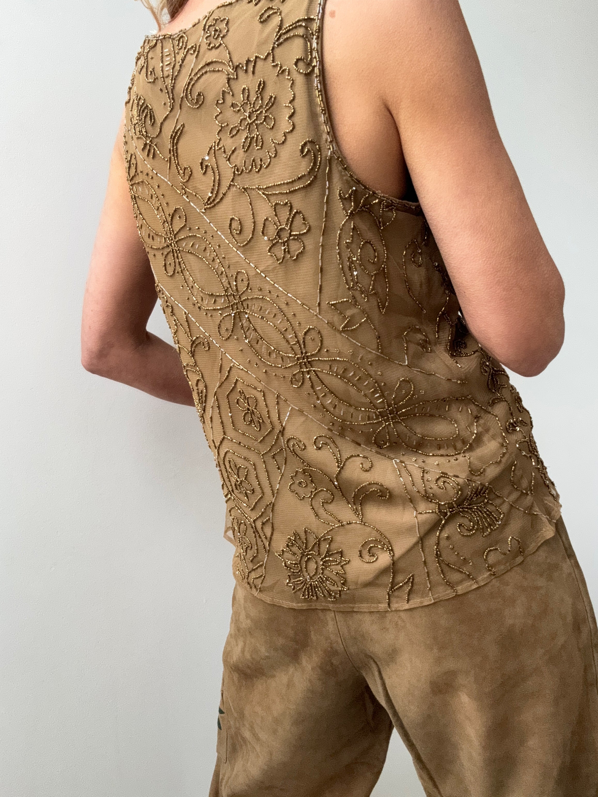 Beaded Mesh Sleeveless  Top Gold