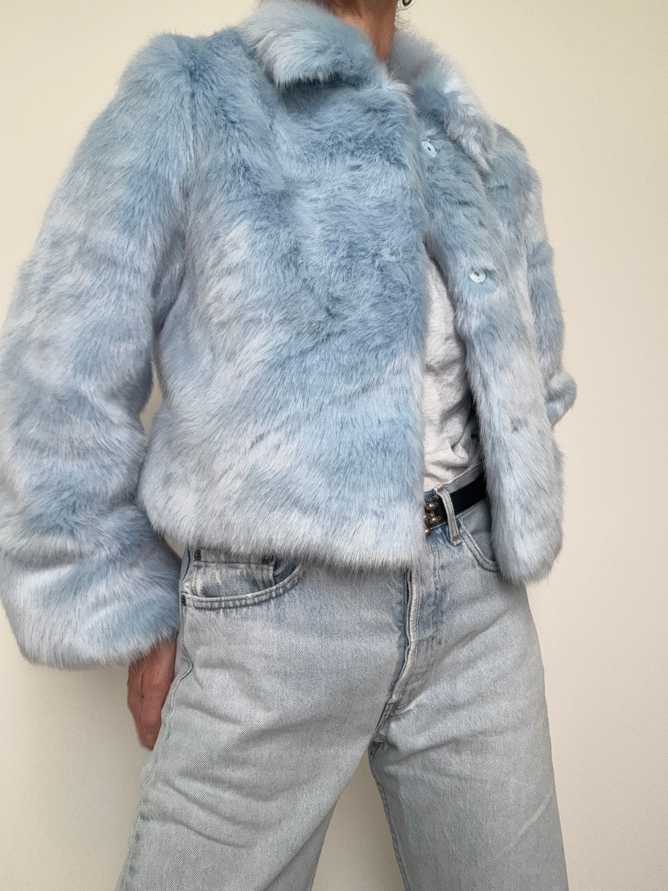 Cropped Sky Blue Rabbit Fur