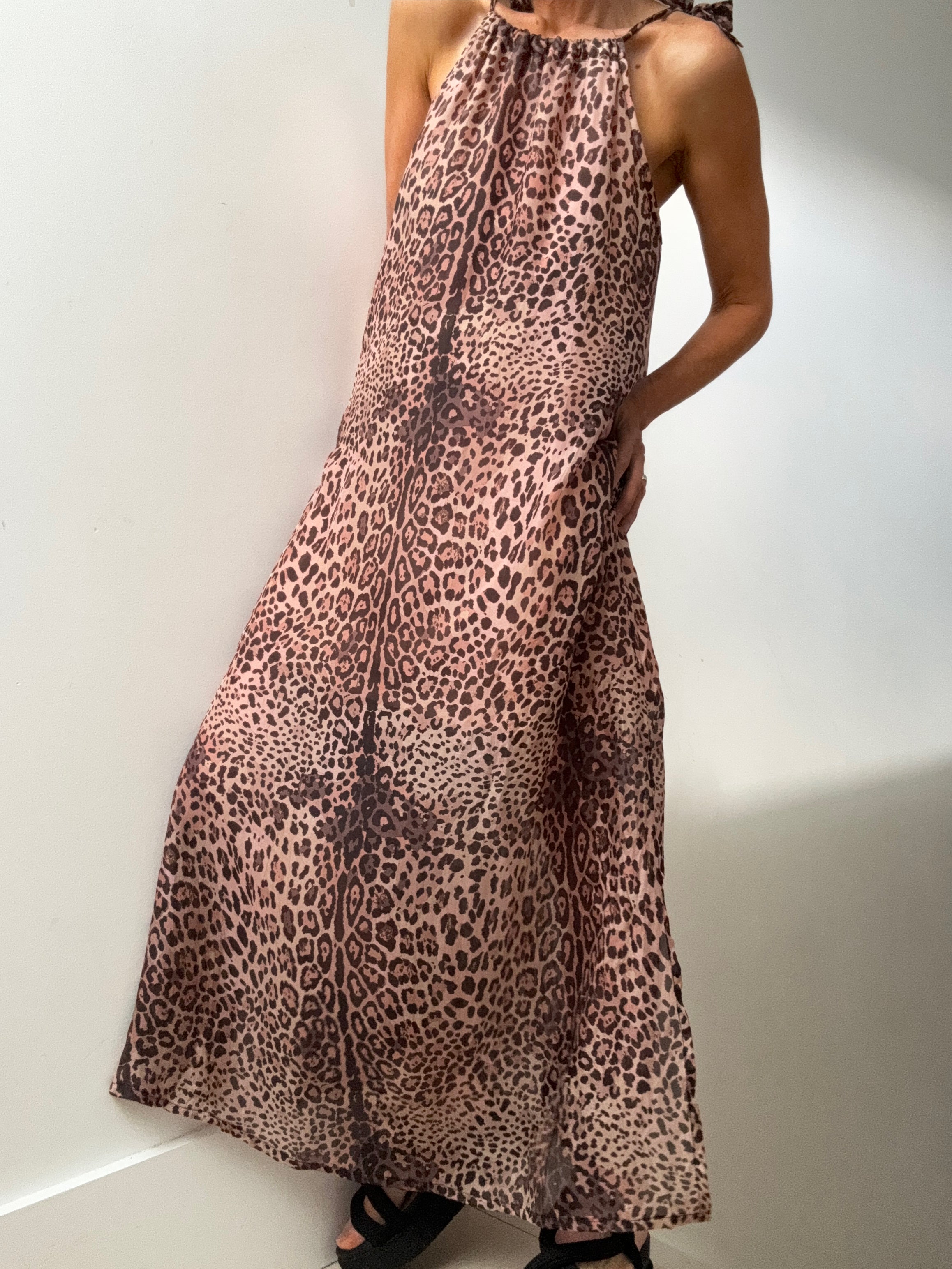 Handprinted Silk Maxi Sundress Leopard