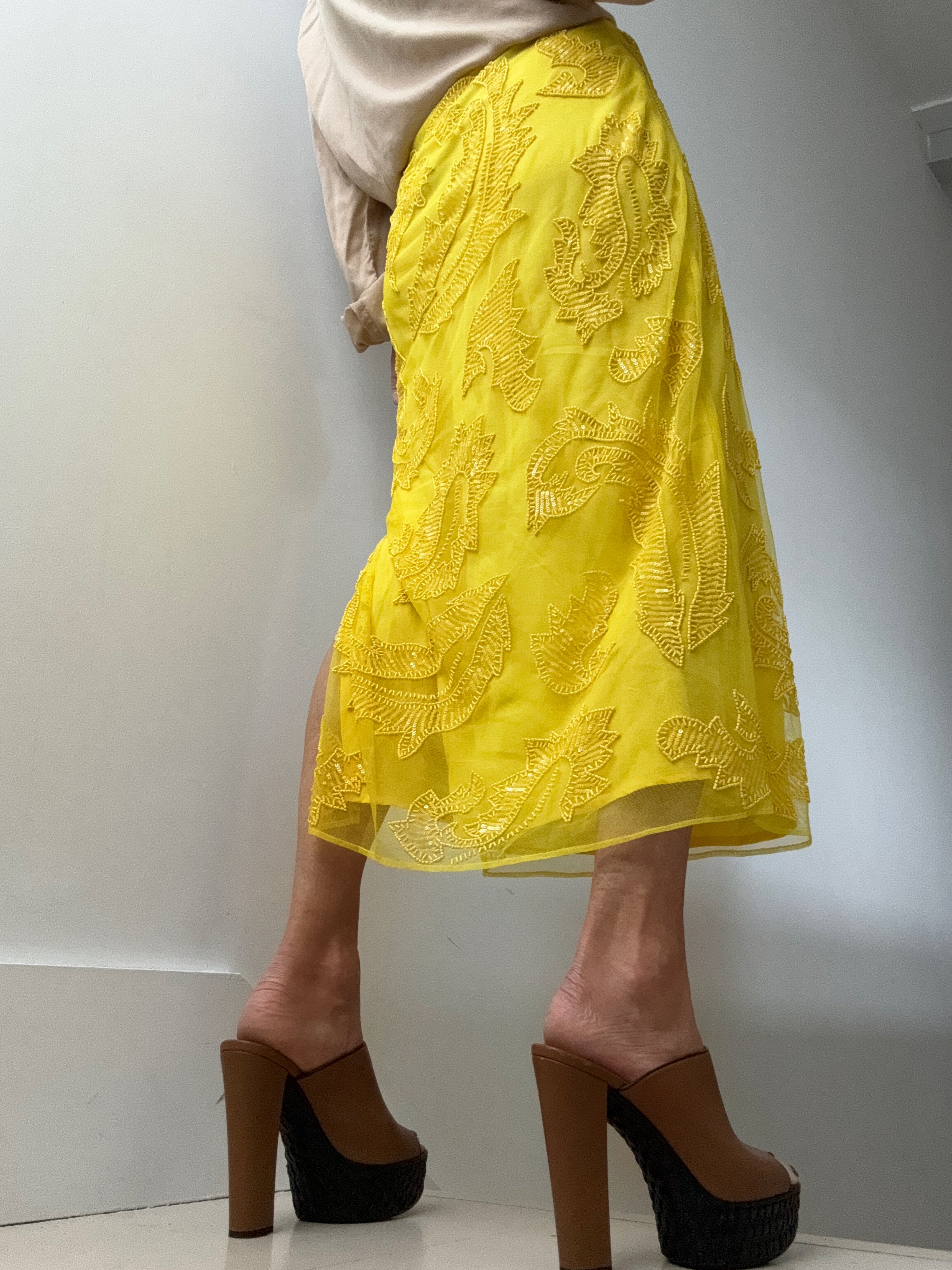 Beaded Mesh Midi Skirt Lemon Daffodil