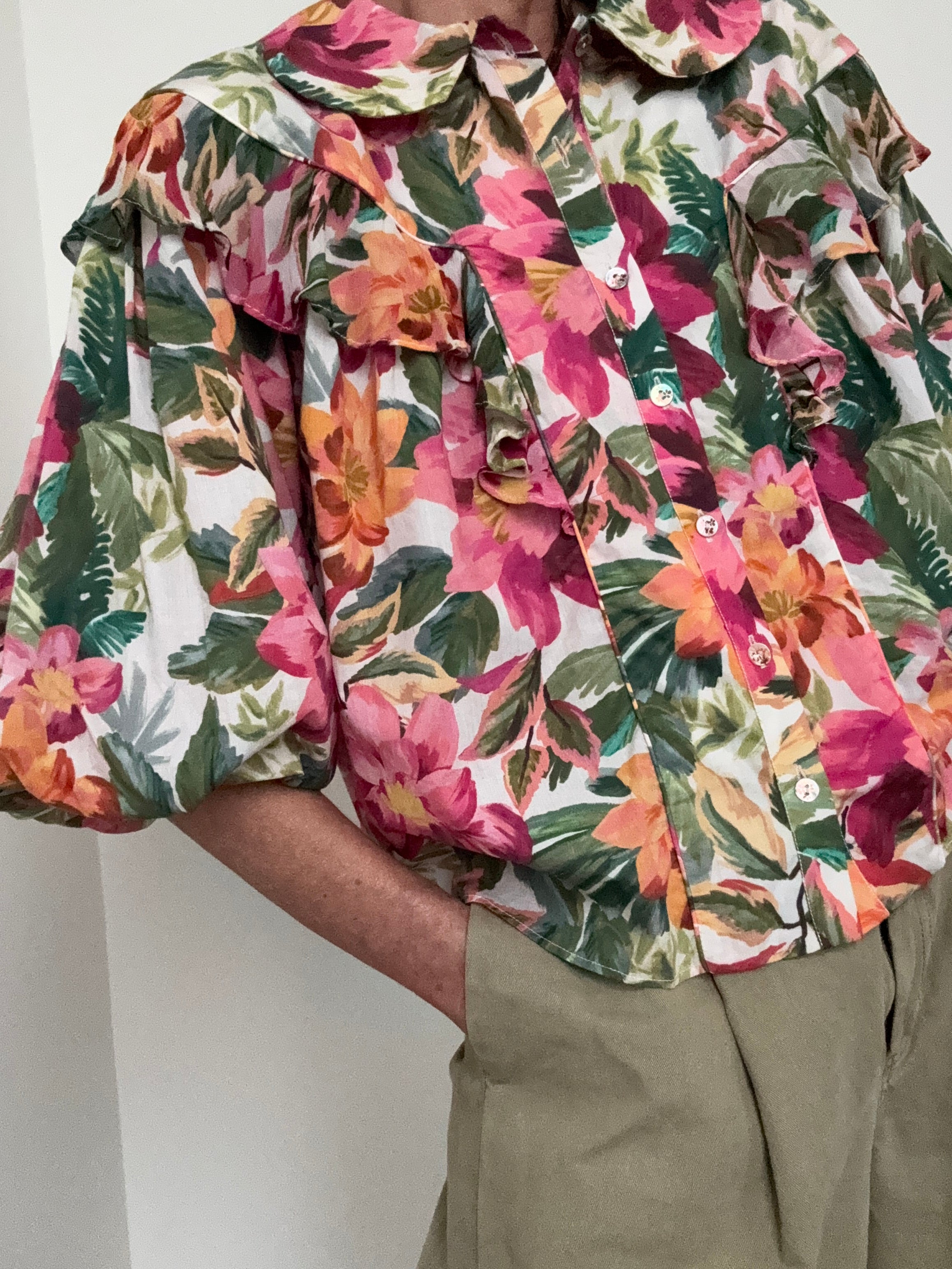 Painted Flowers Ruffle Puff Sleeve Shirt | Shirts