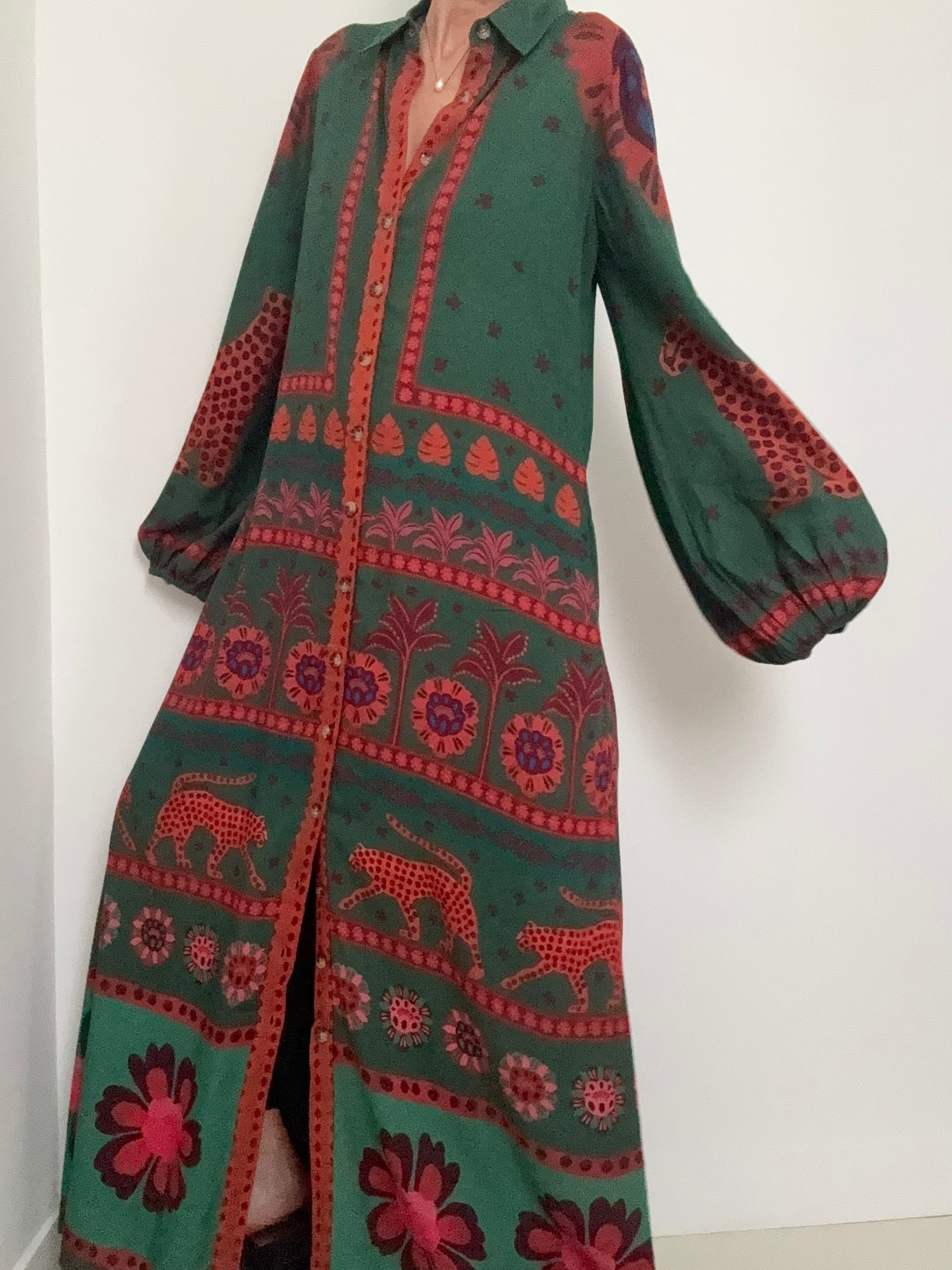 Farm Rio Long Sleeve Maxi Shirtdress Green