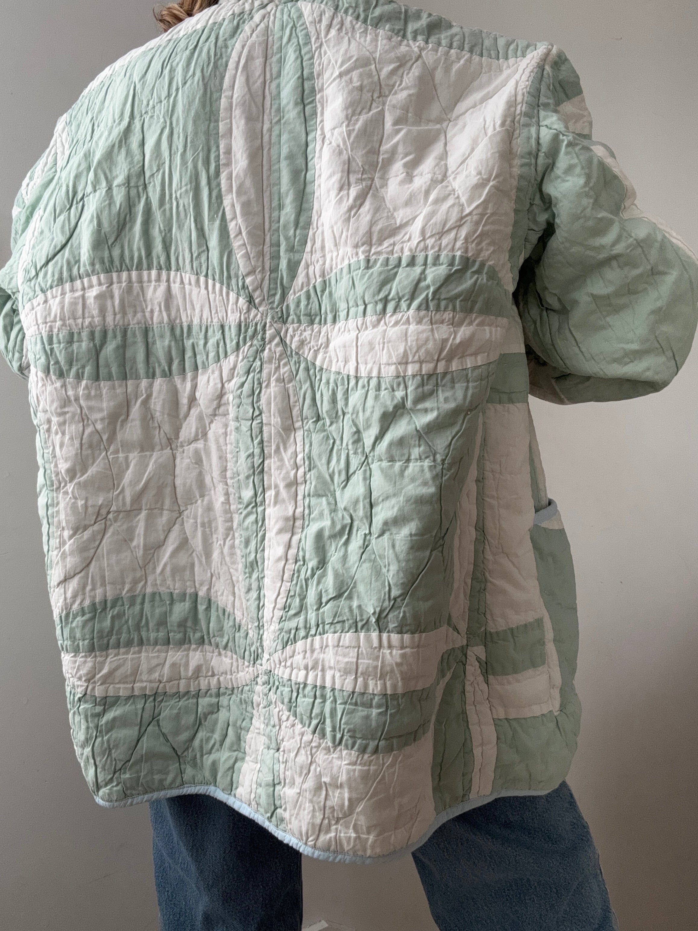 Upcycled Quilt Jacket Mint Blue Border