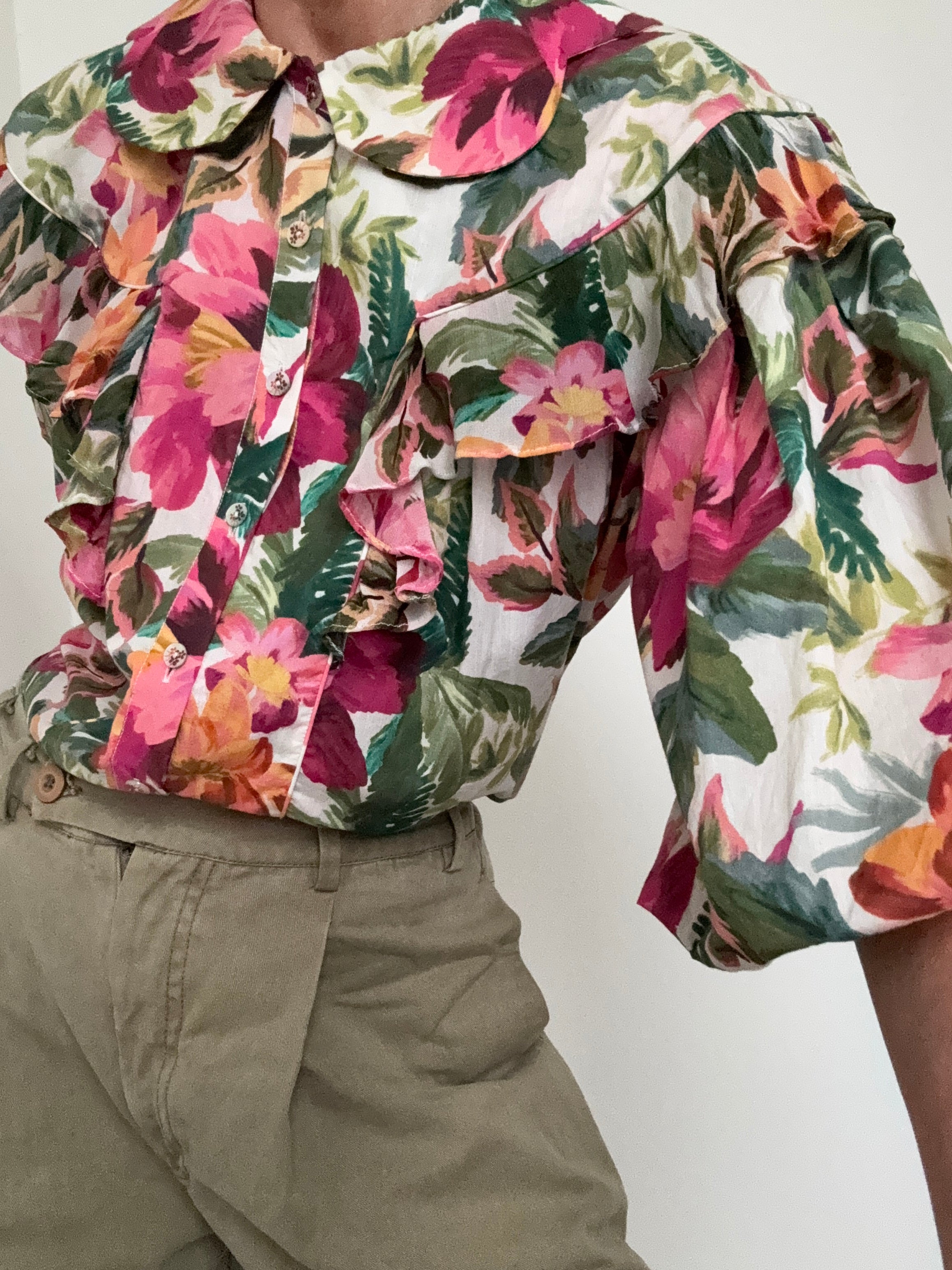 Painted Flowers Ruffle Puff Sleeve Shirt | Shirts