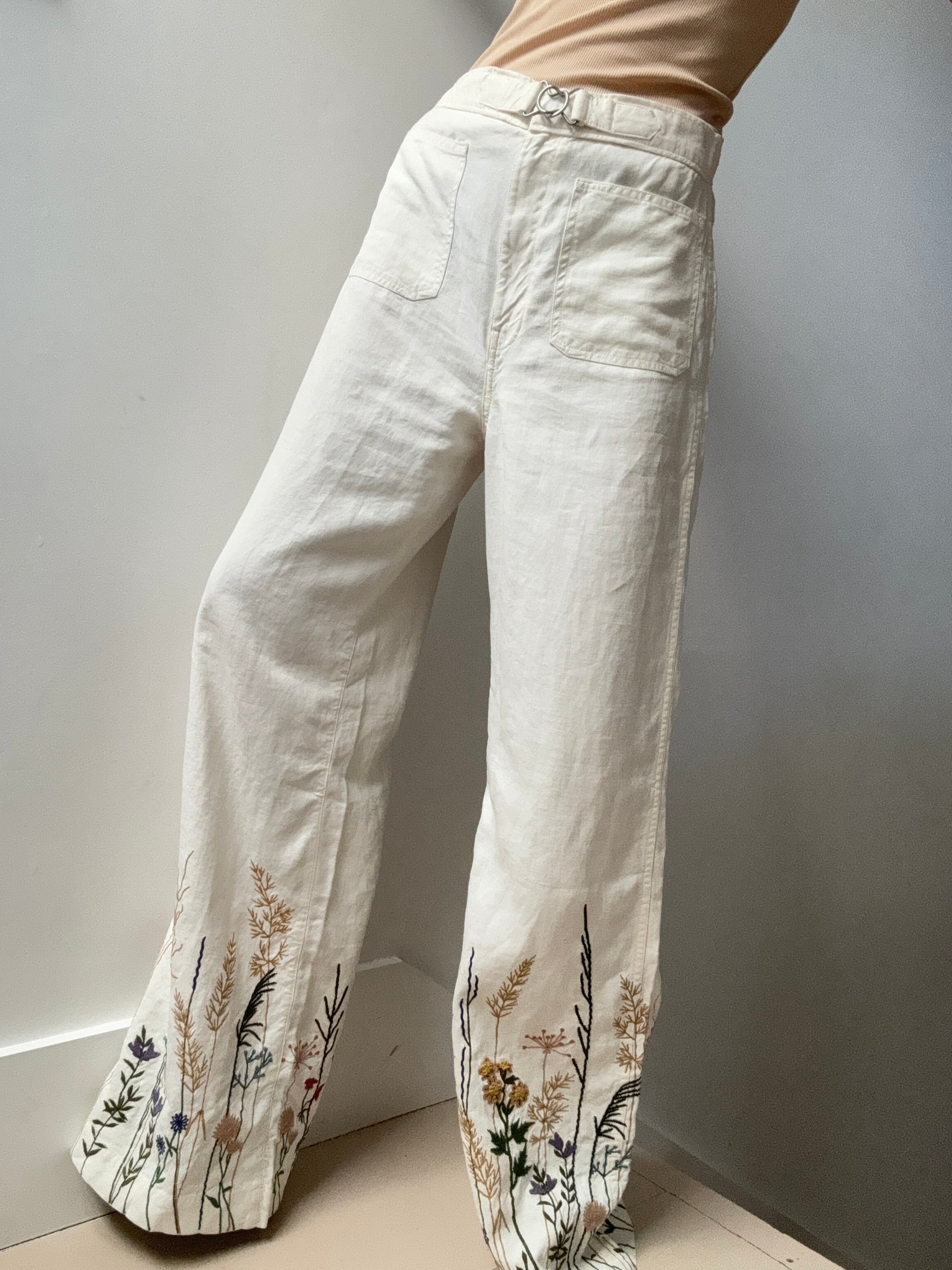 Embroidered Hemp Wide Leg Pant | Pants