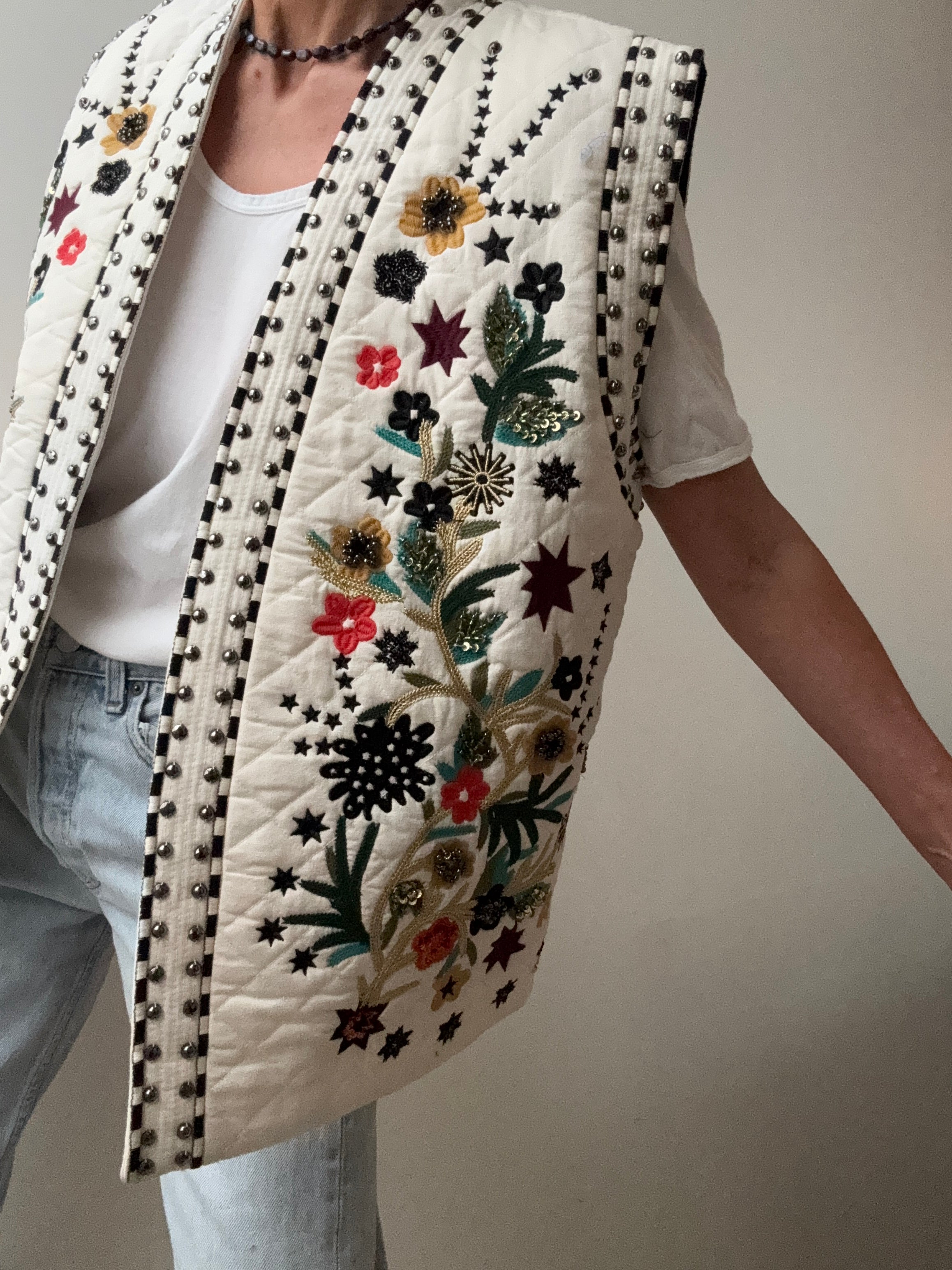 White Quilted Beaded Vest | Vests