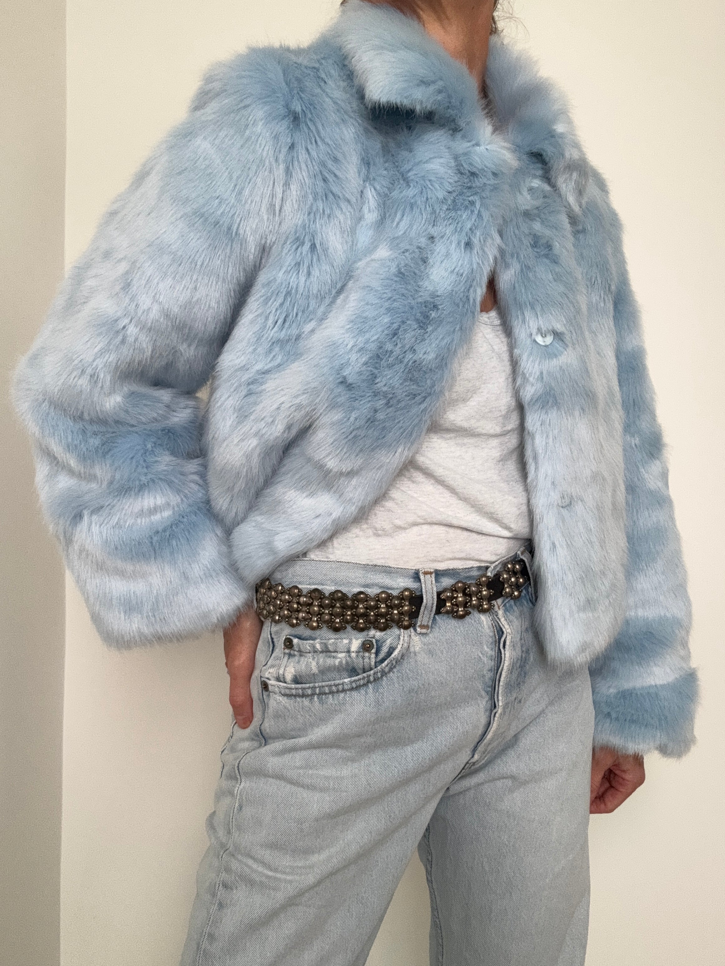 Cropped Sky Blue Rabbit Fur