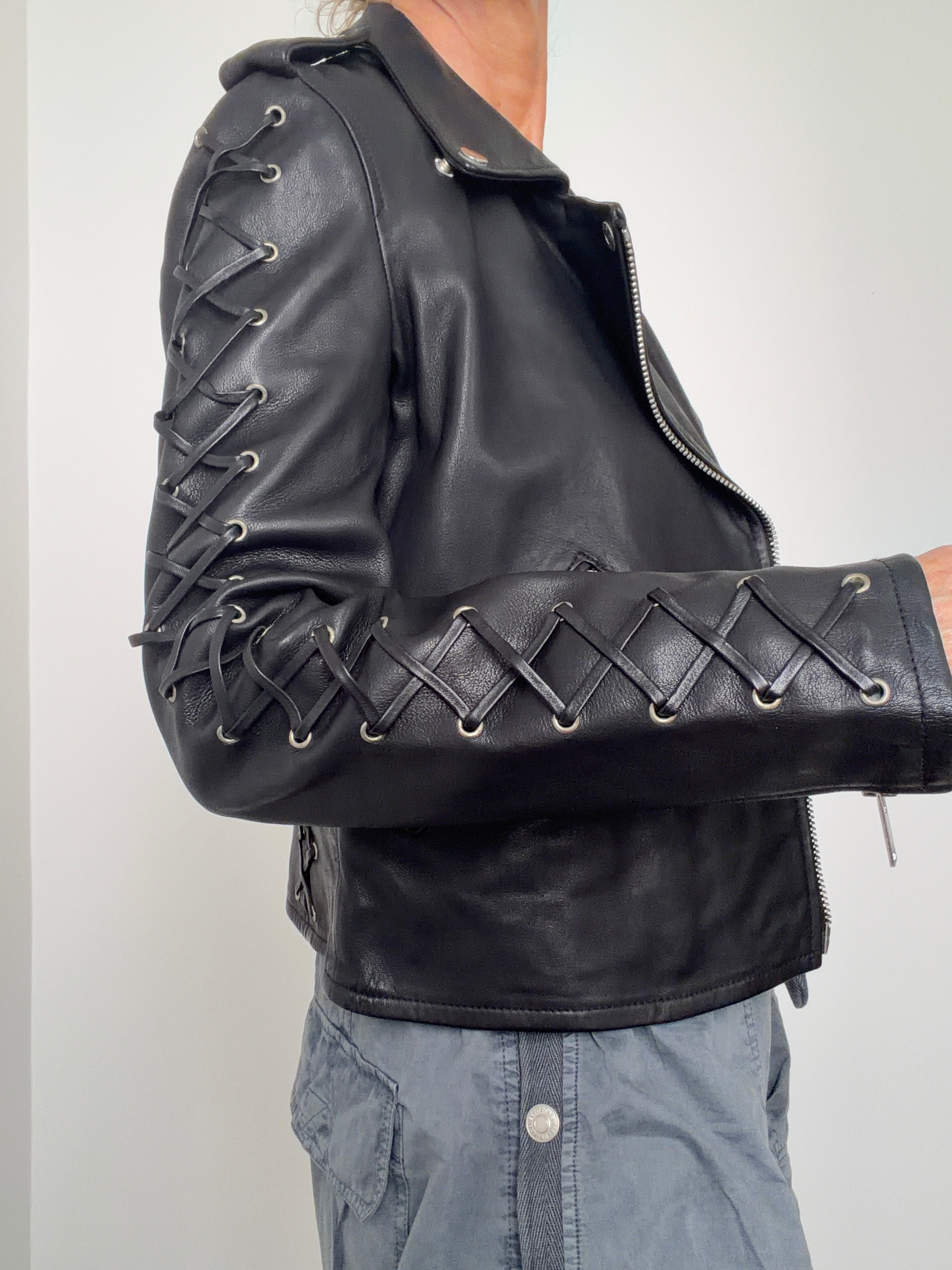 Lace Up Leather Biker Jacket