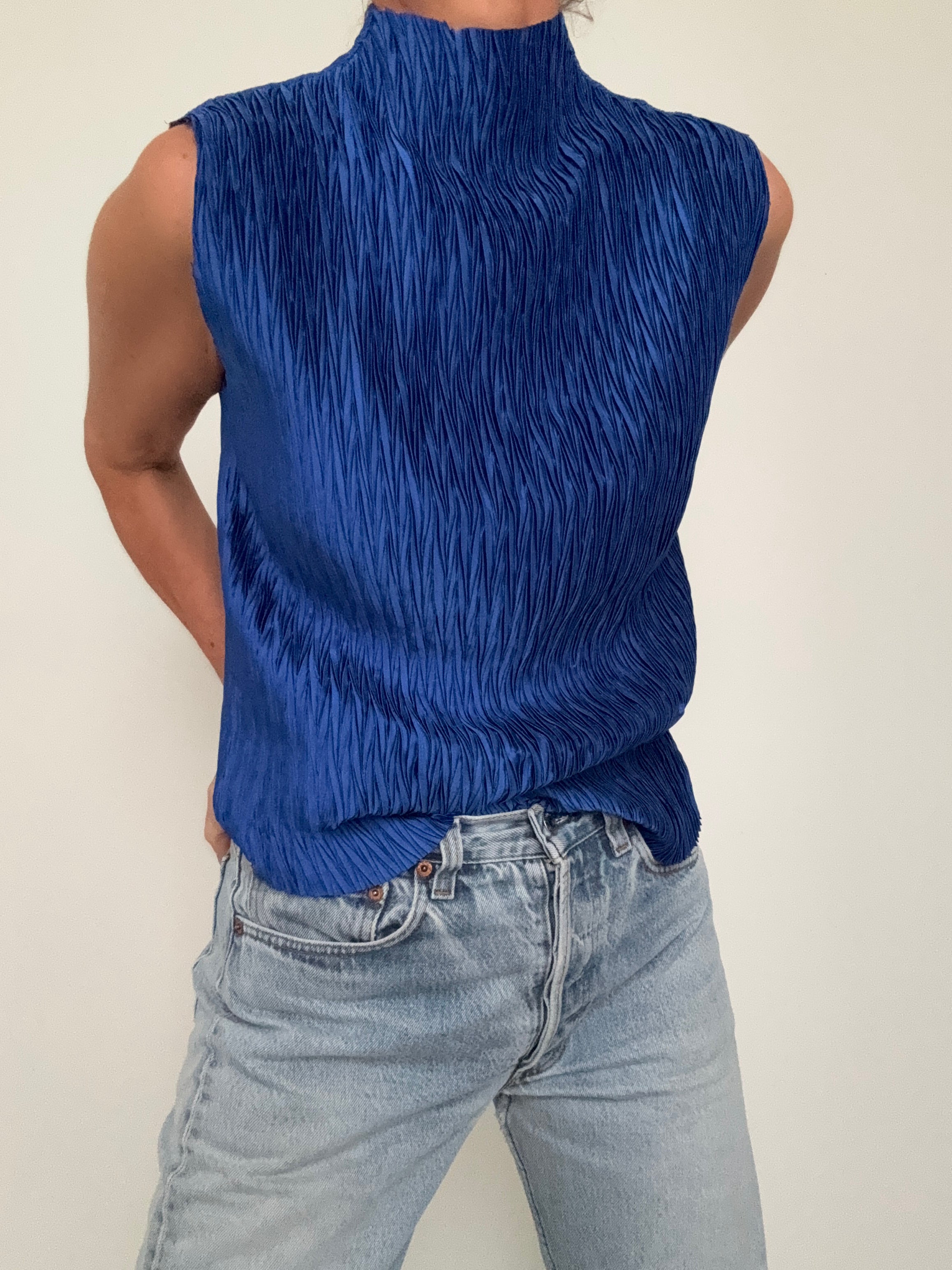 High Neck Crinkle Top Cerulean