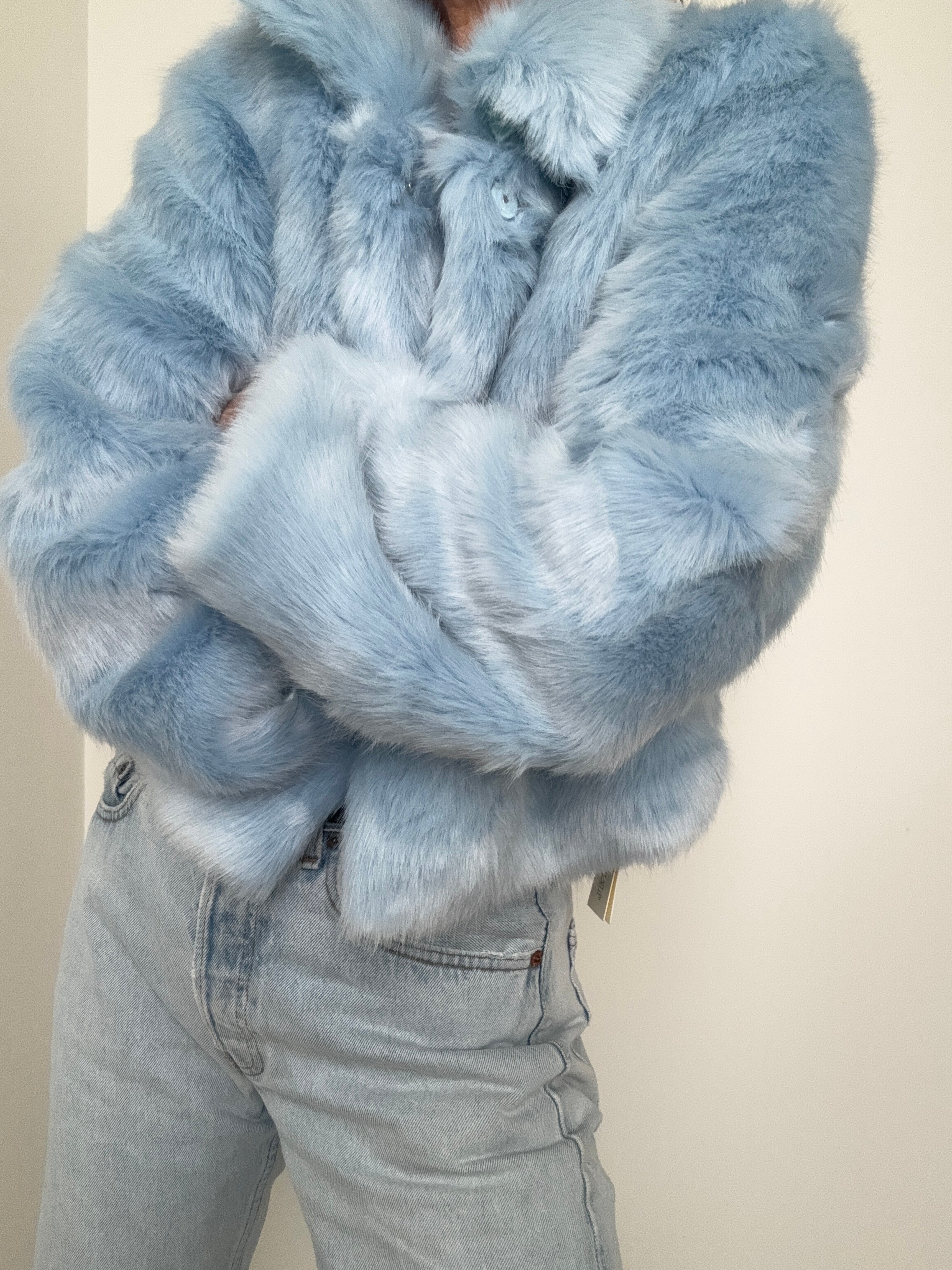 Cropped Sky Blue Rabbit Fur