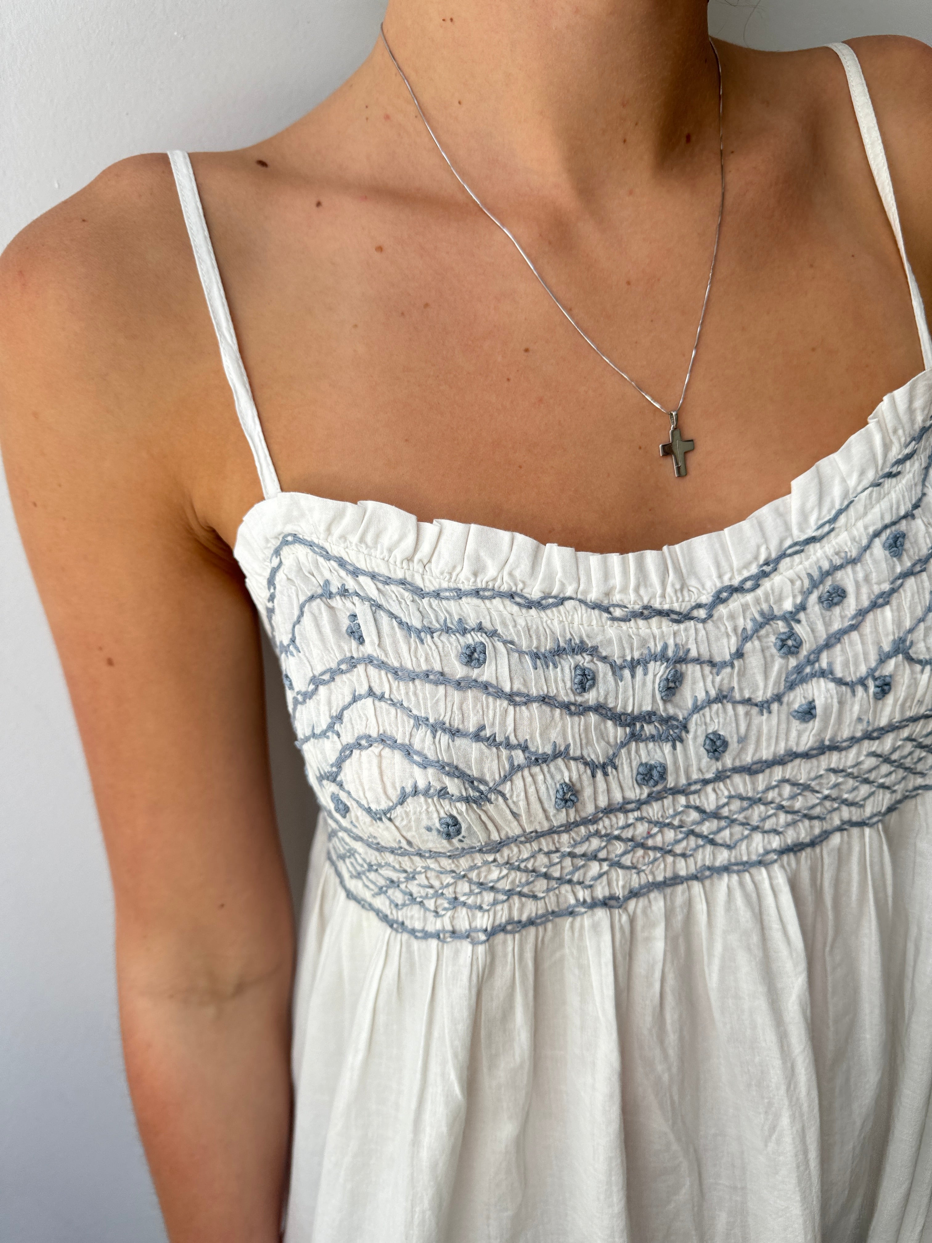 White Cotton Dress Blue Embroidered