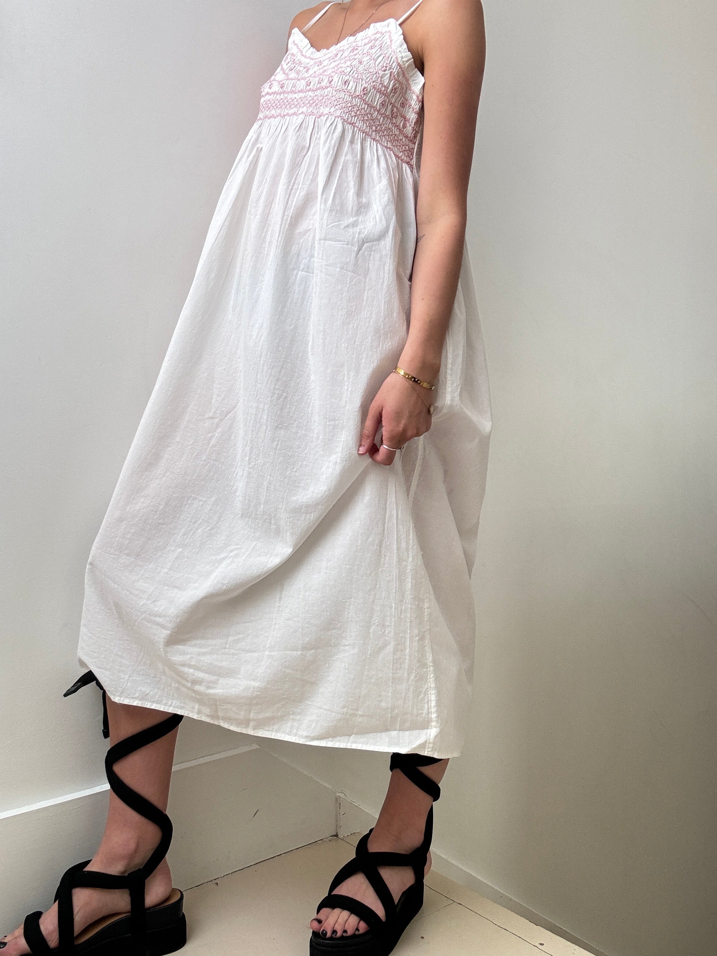 White Cotton Dress Pink Embroidered