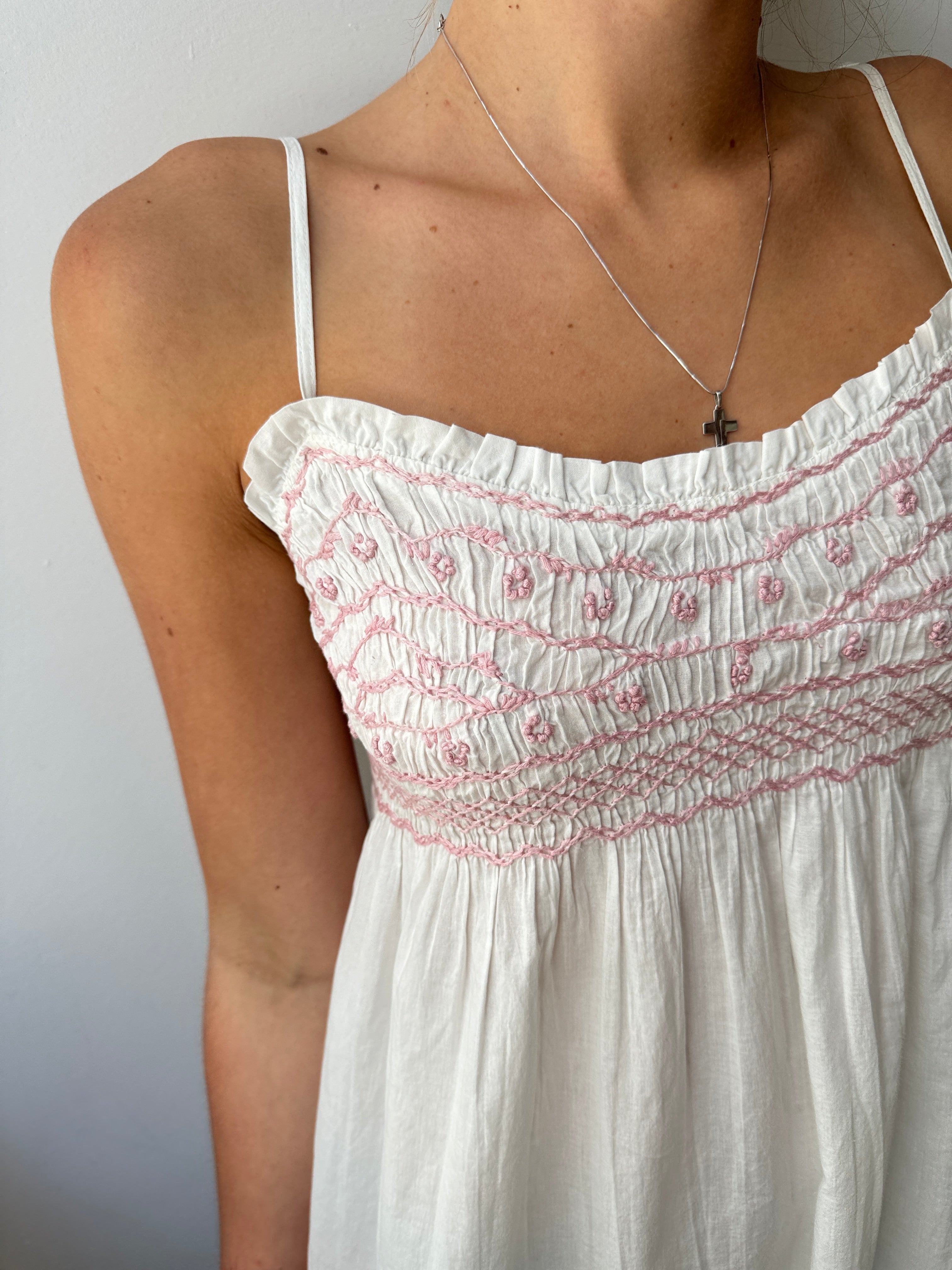 White Cotton Dress Pink Embroidered